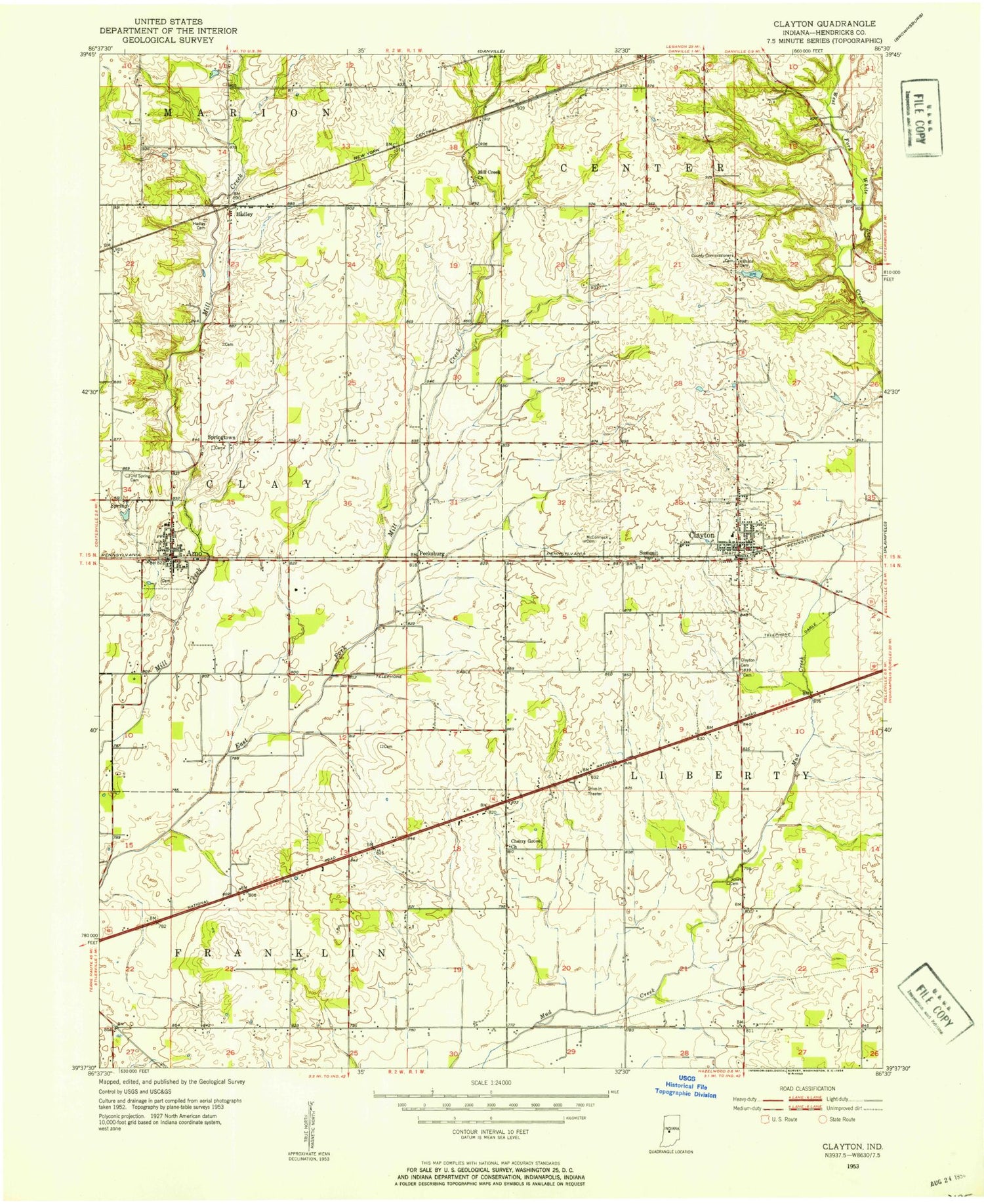 Classic USGS Clayton Indiana 7.5'x7.5' Topo Map Image