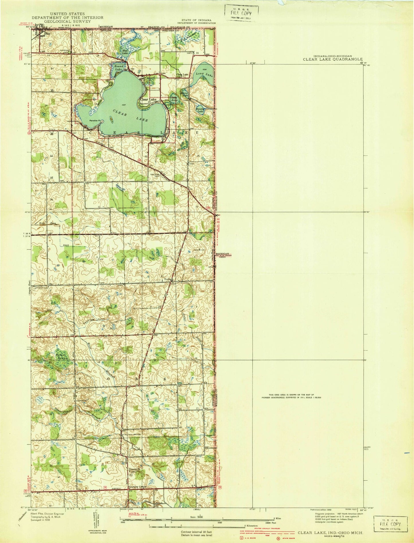 Classic USGS Clear Lake Indiana 7.5'x7.5' Topo Map Image