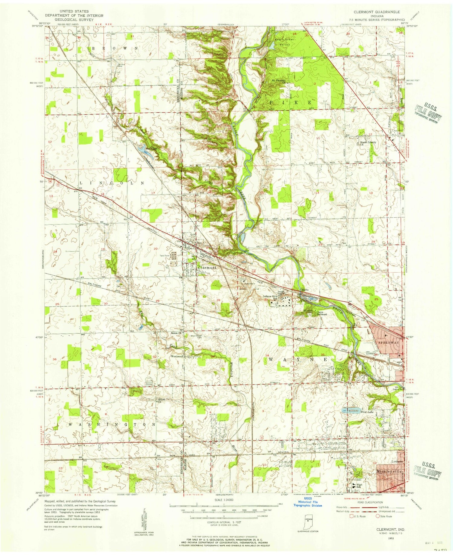 Classic USGS Clermont Indiana 7.5'x7.5' Topo Map Image