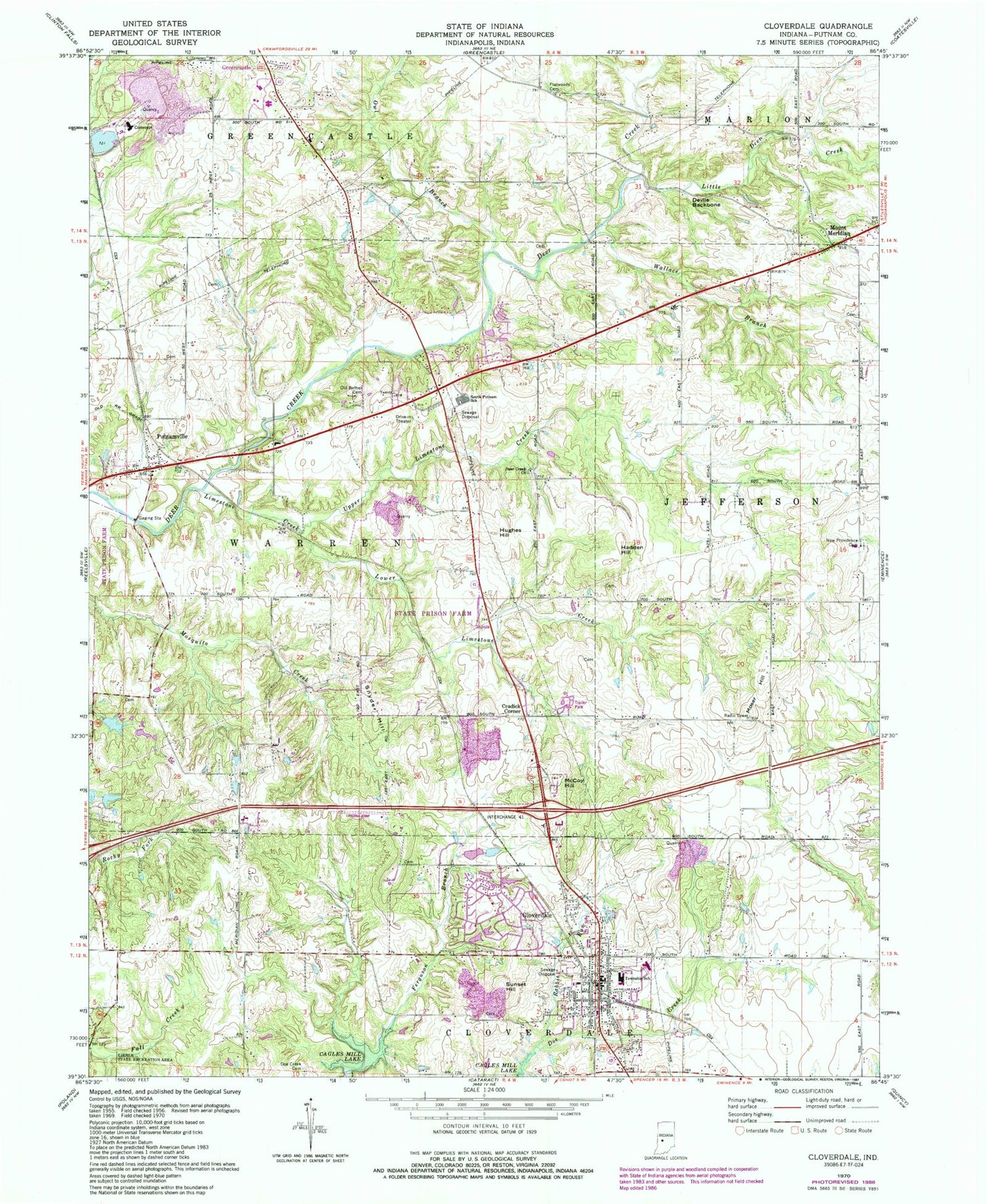 Classic USGS Cloverdale Indiana 7.5'x7.5' Topo Map Image