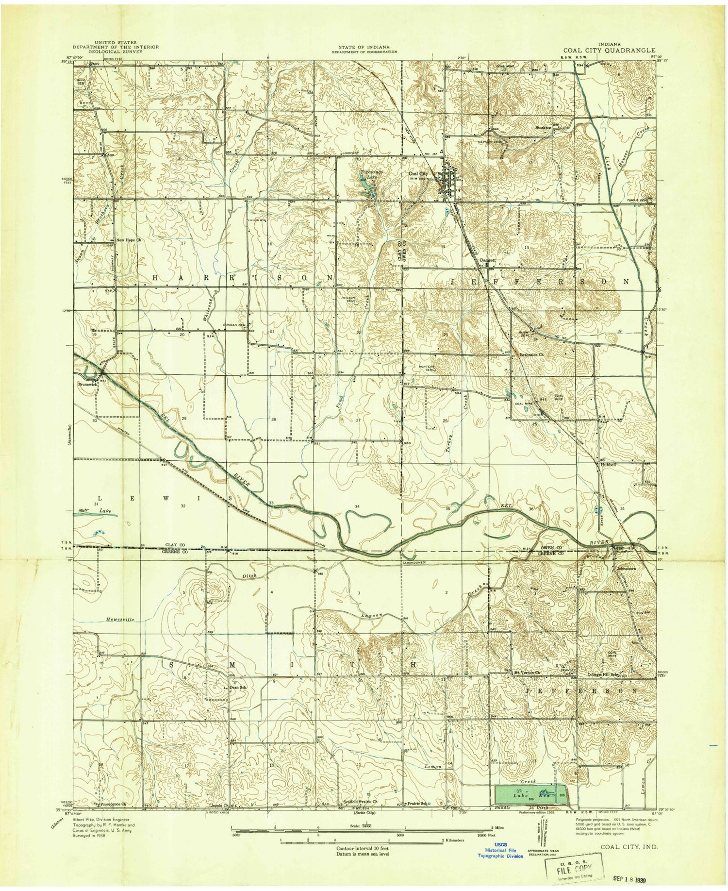 Classic USGS Coal City Indiana 7.5'x7.5' Topo Map Image