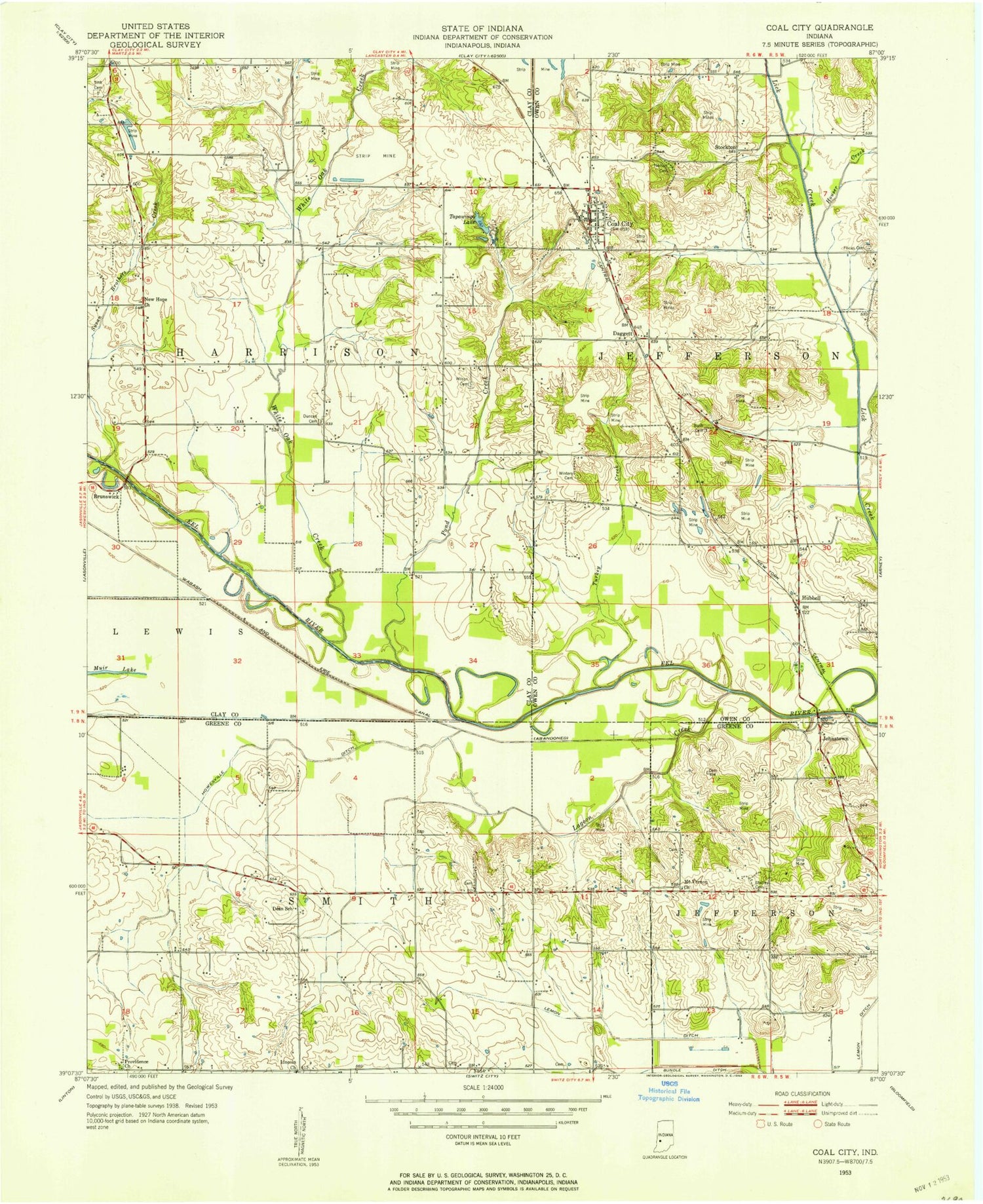 Classic USGS Coal City Indiana 7.5'x7.5' Topo Map Image