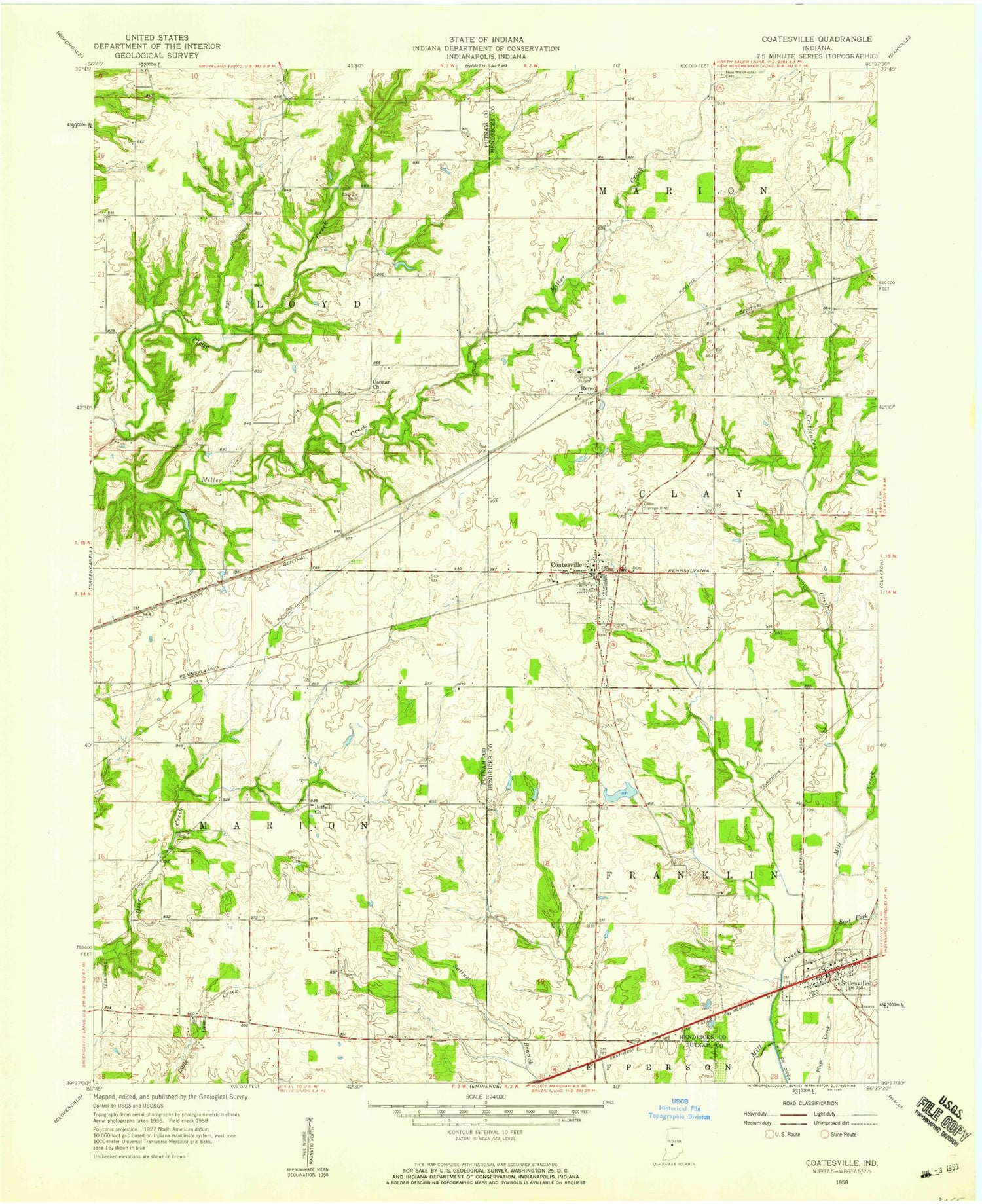 Classic USGS Coatesville Indiana 7.5'x7.5' Topo Map Image
