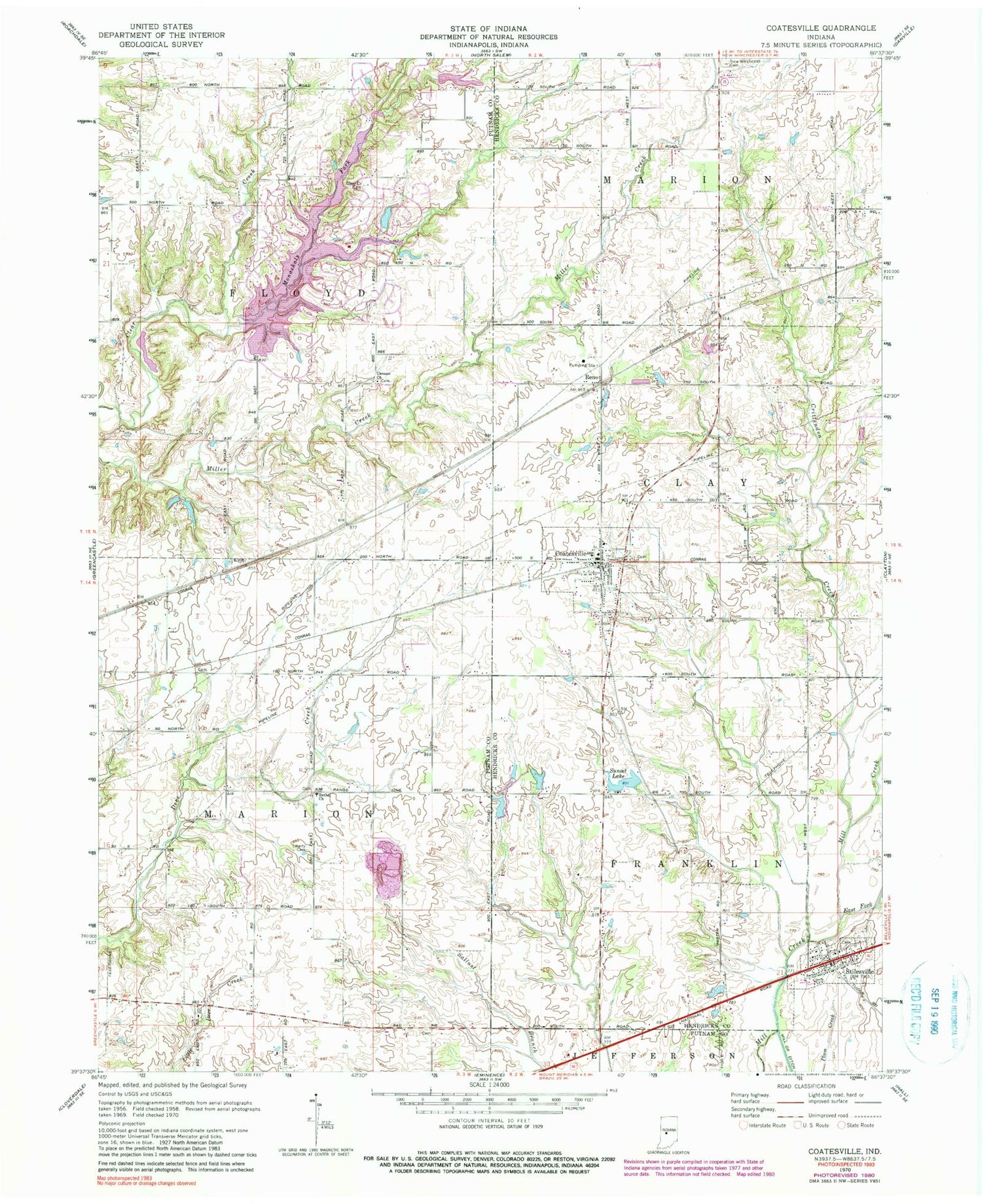 Classic USGS Coatesville Indiana 7.5'x7.5' Topo Map Image