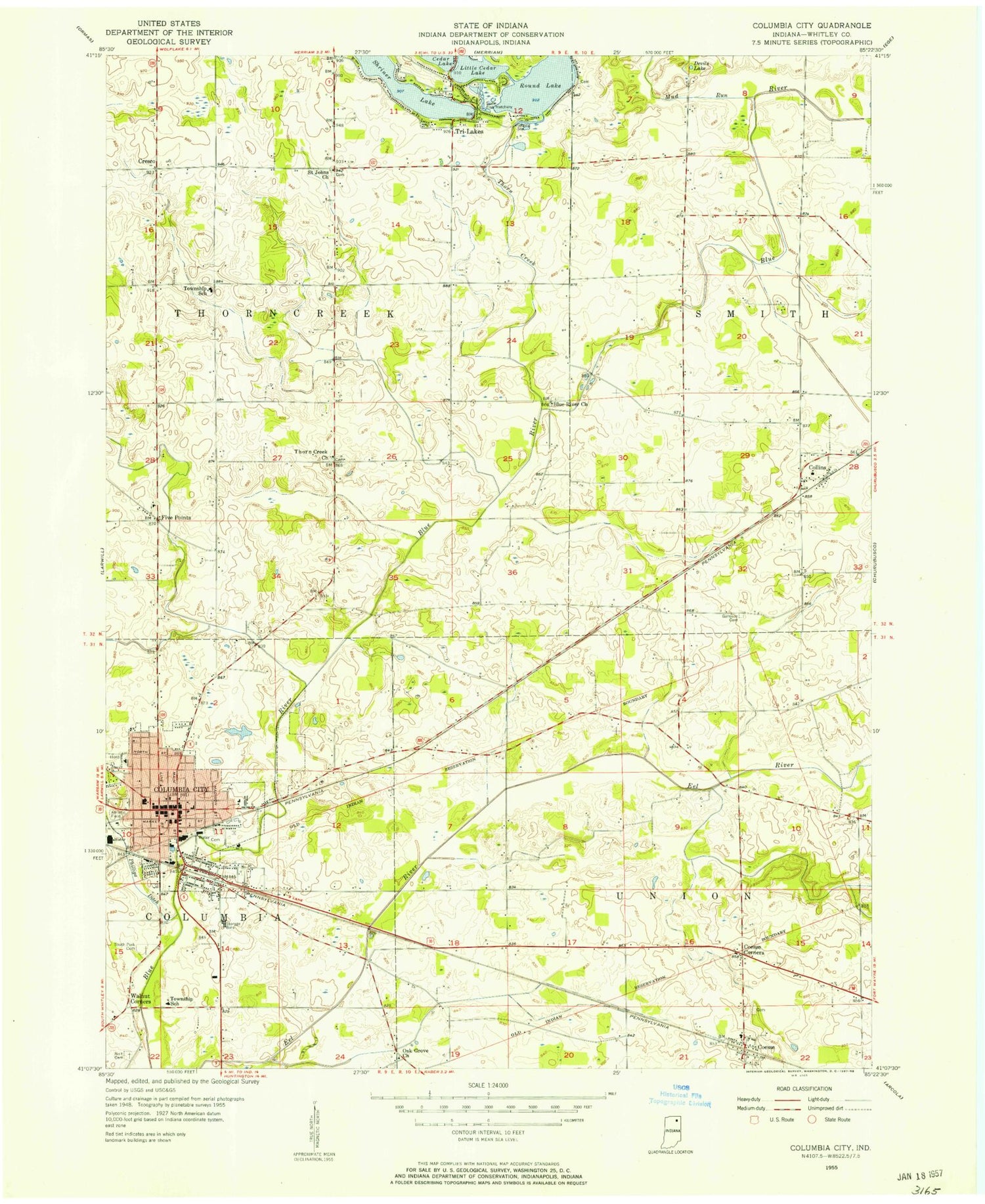 Classic USGS Columbia City Indiana 7.5'x7.5' Topo Map Image