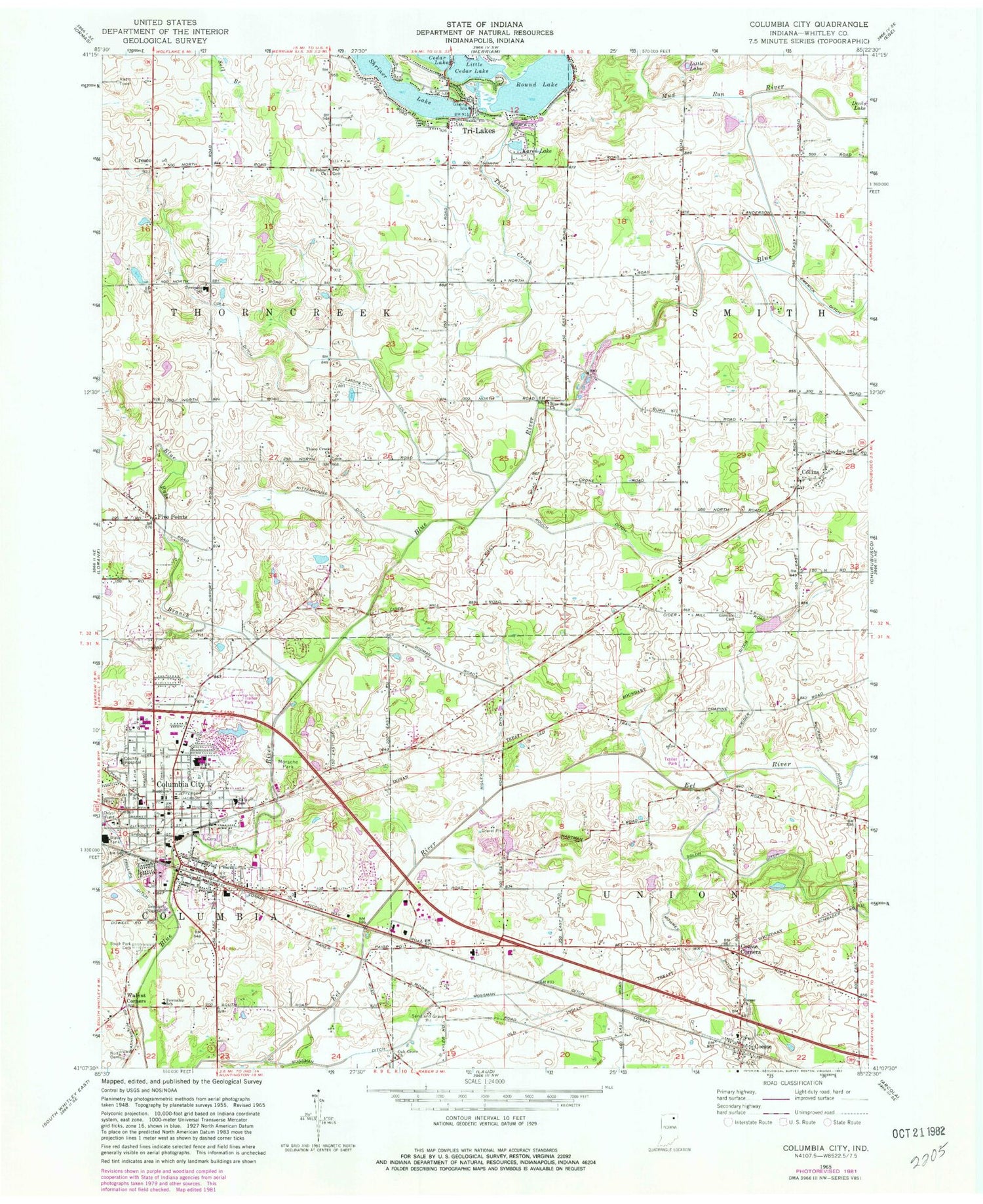 Classic USGS Columbia City Indiana 7.5'x7.5' Topo Map Image