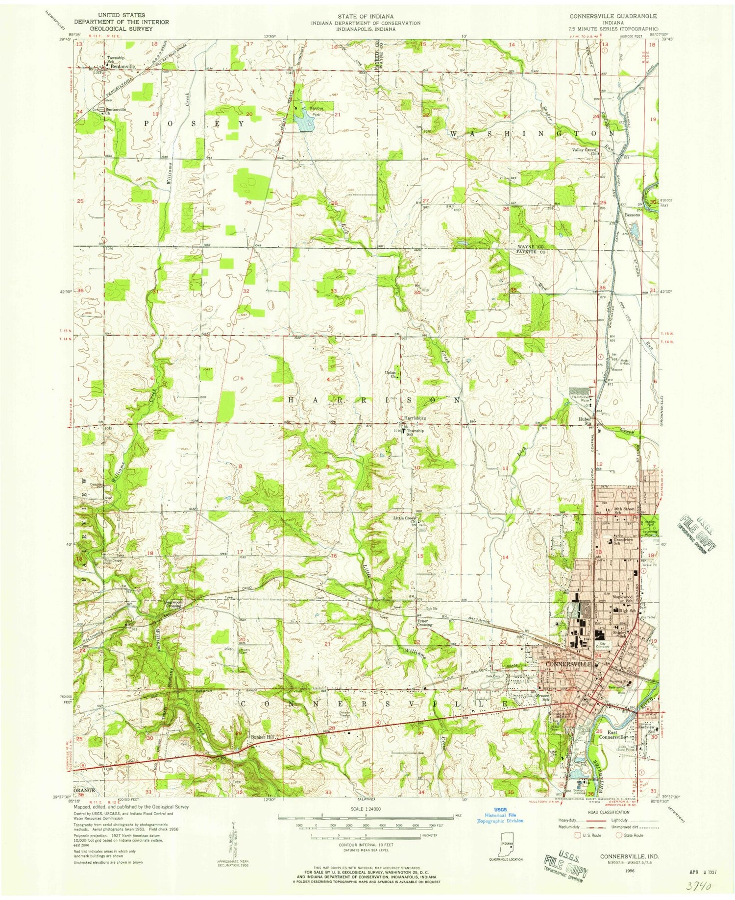 Classic USGS Connersville Indiana 7.5'x7.5' Topo Map Image