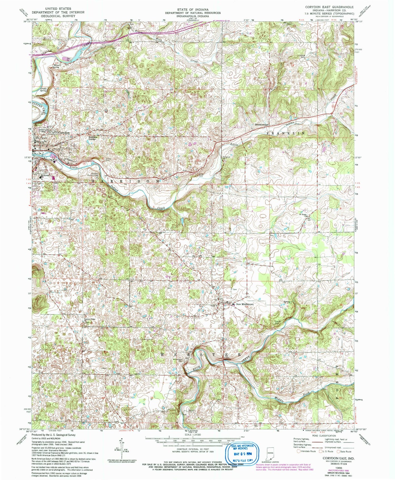 Classic USGS Corydon East Indiana 7.5'x7.5' Topo Map Image