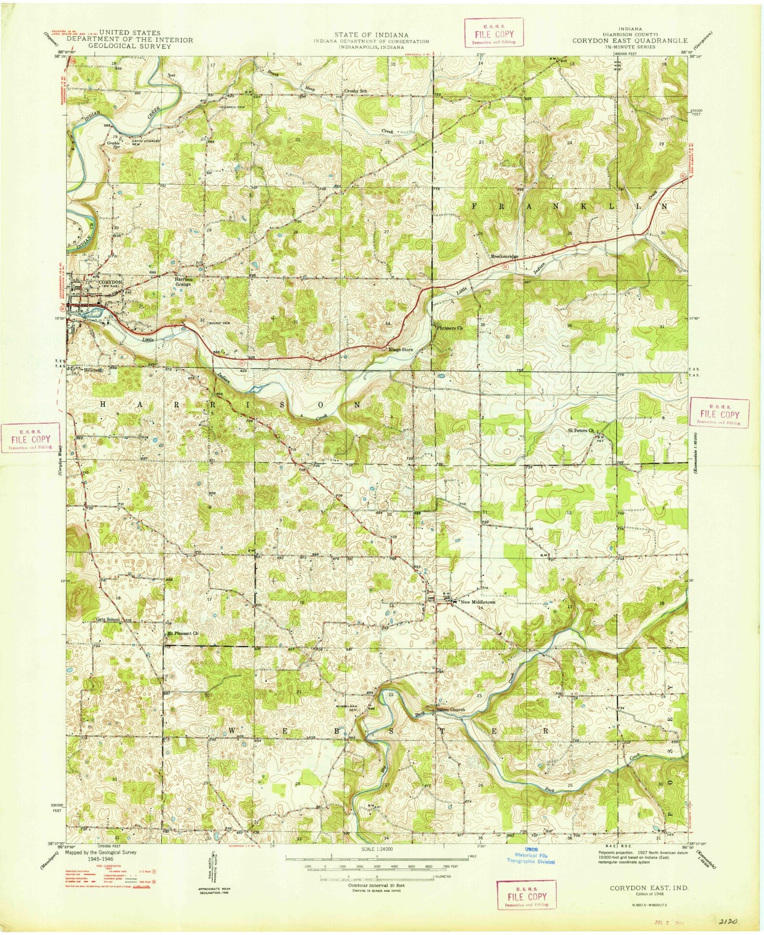 Classic USGS Corydon East Indiana 7.5'x7.5' Topo Map Image