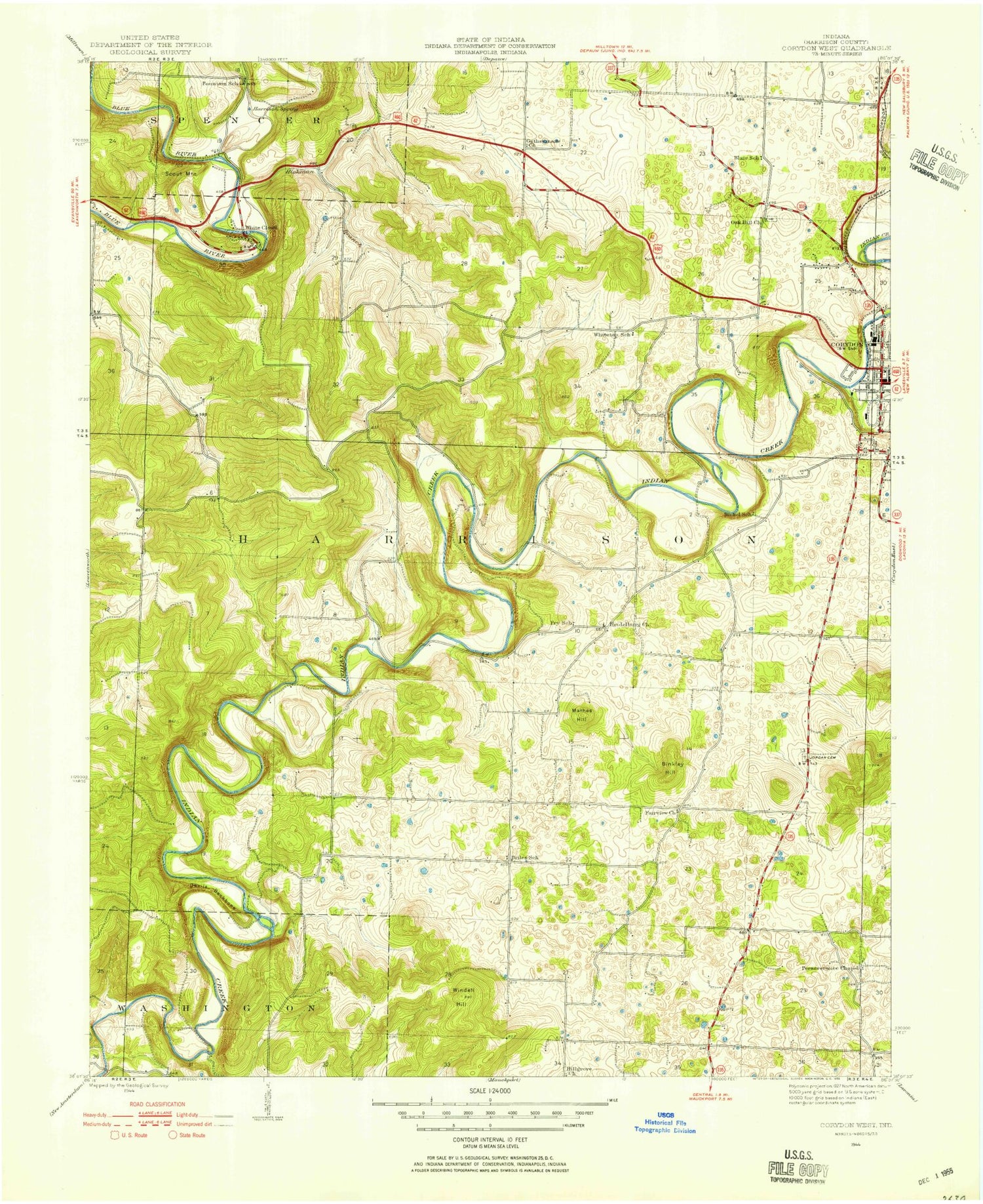 Classic USGS Corydon West Indiana 7.5'x7.5' Topo Map Image