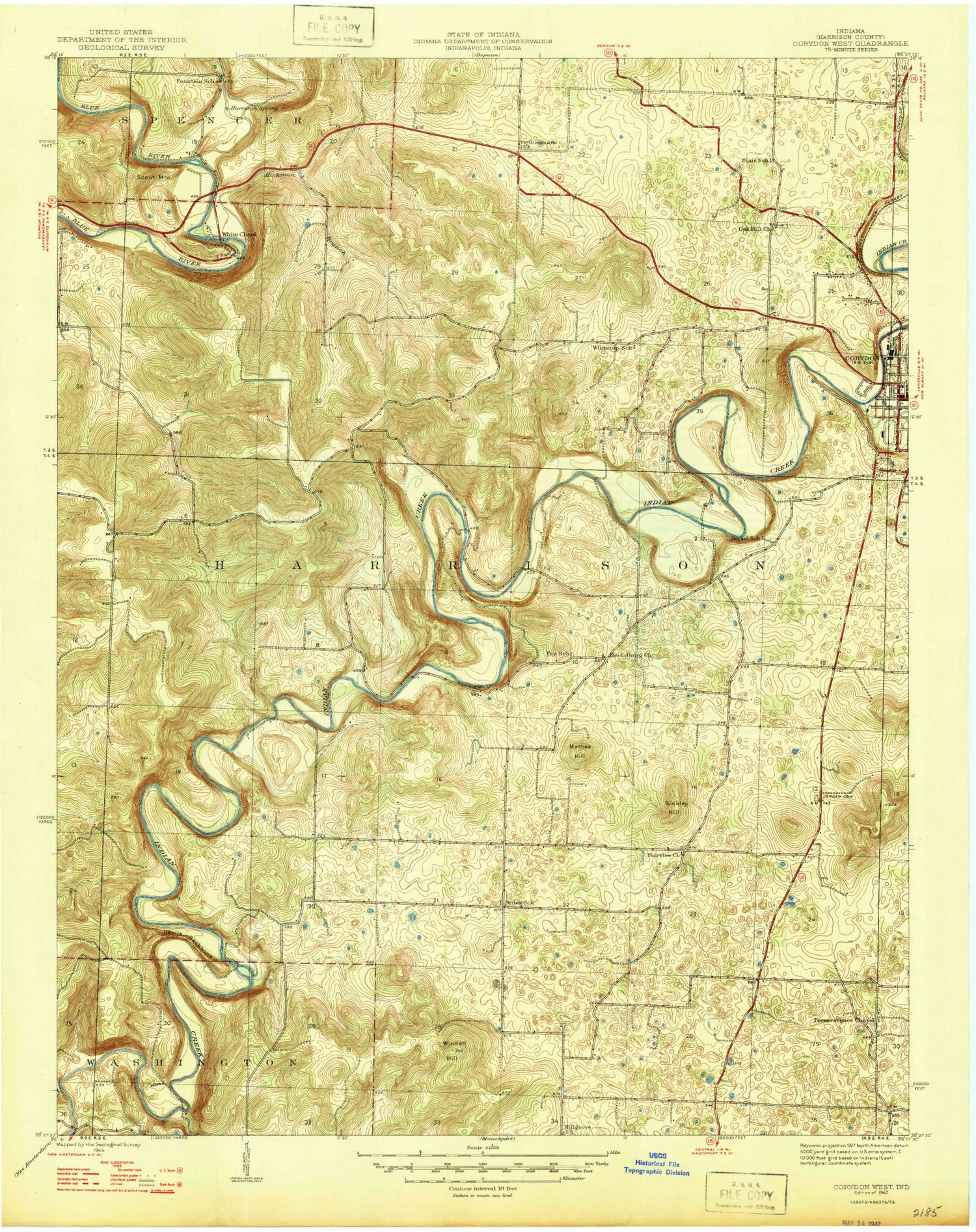 Classic USGS Corydon West Indiana 7.5'x7.5' Topo Map Image