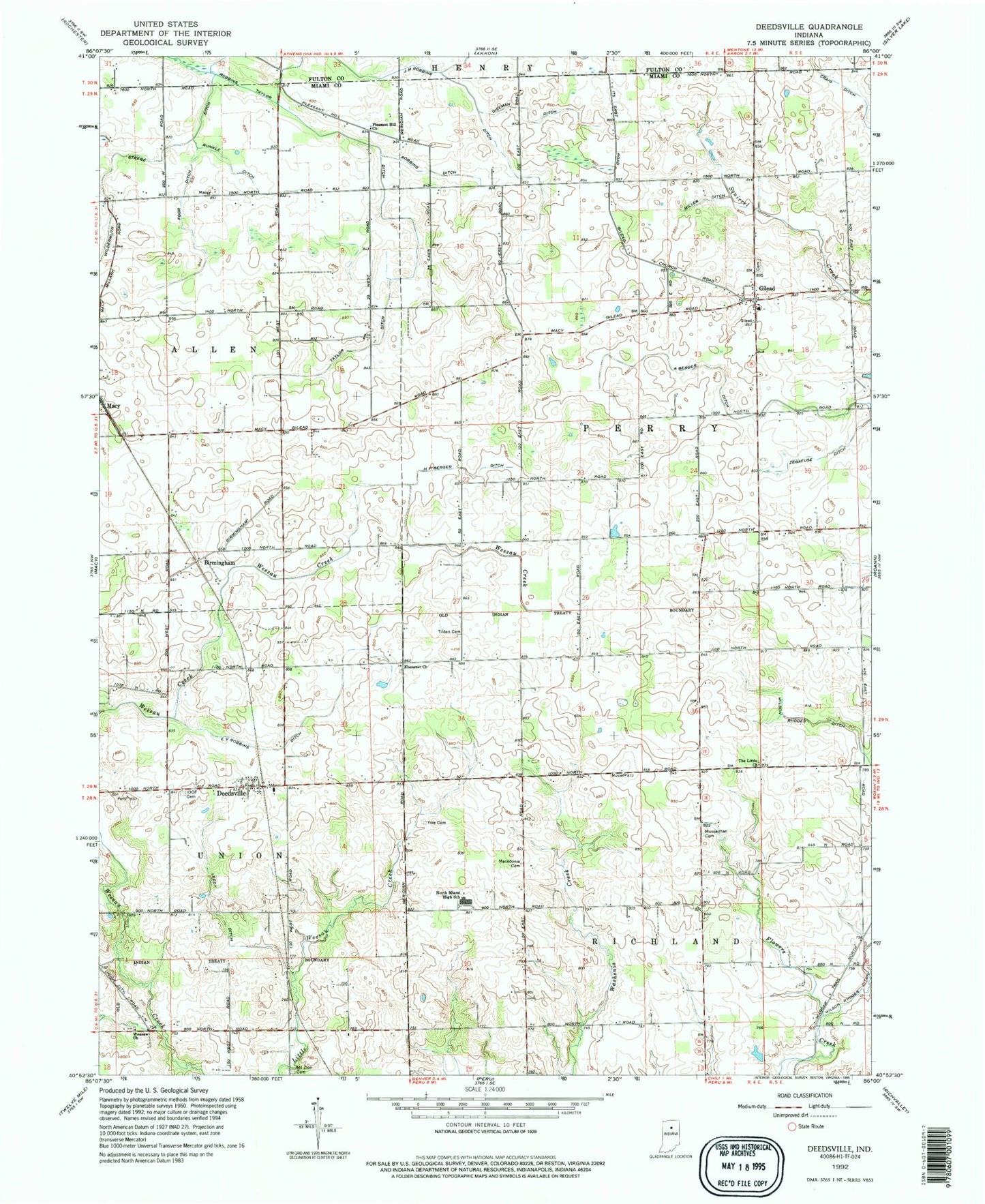 Classic USGS Deedsville Indiana 7.5'x7.5' Topo Map Image