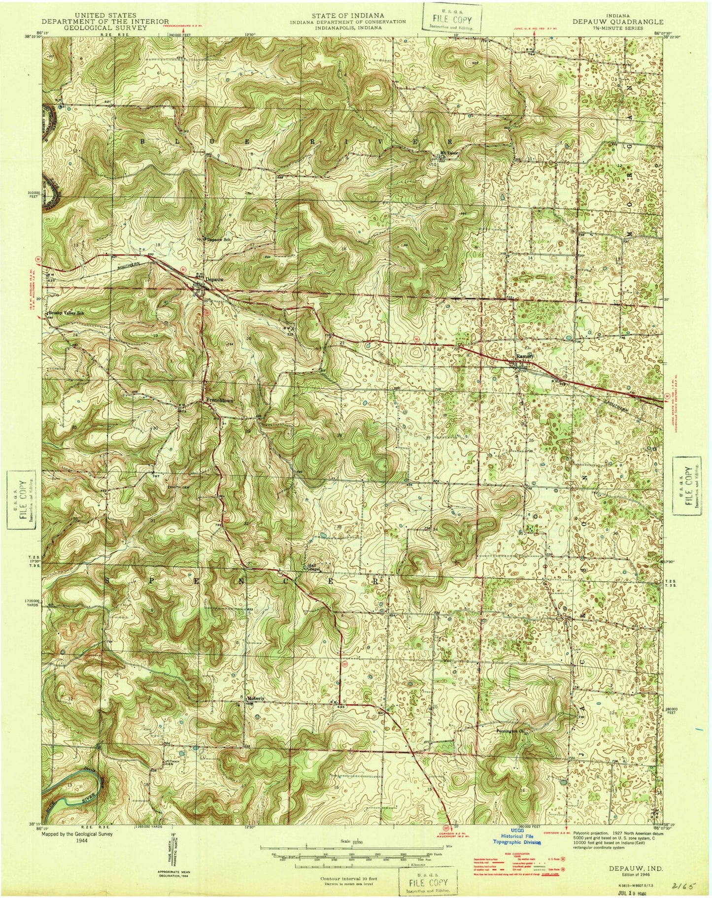 Classic USGS Depauw Indiana 7.5'x7.5' Topo Map Image