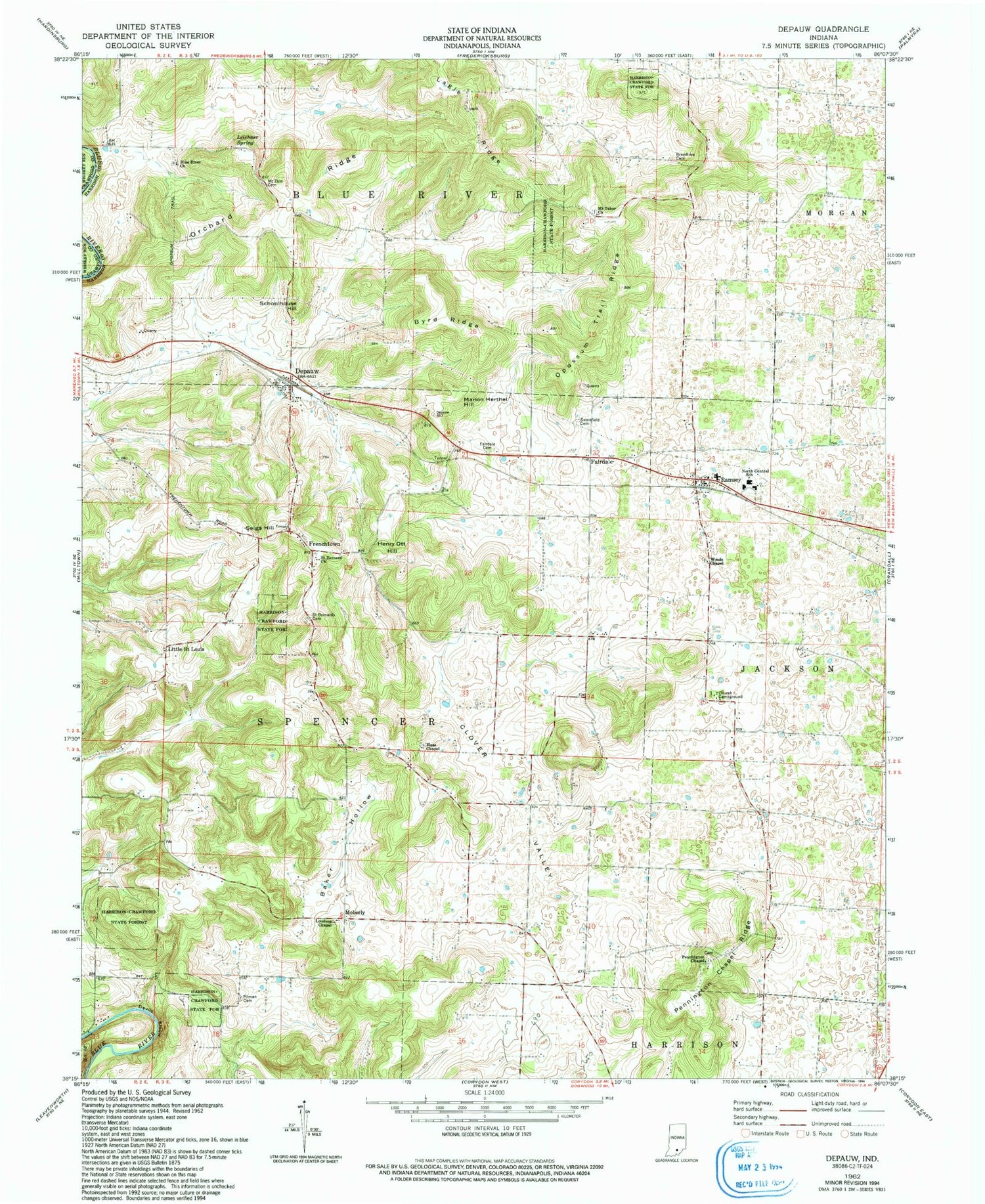Classic USGS Depauw Indiana 7.5'x7.5' Topo Map Image
