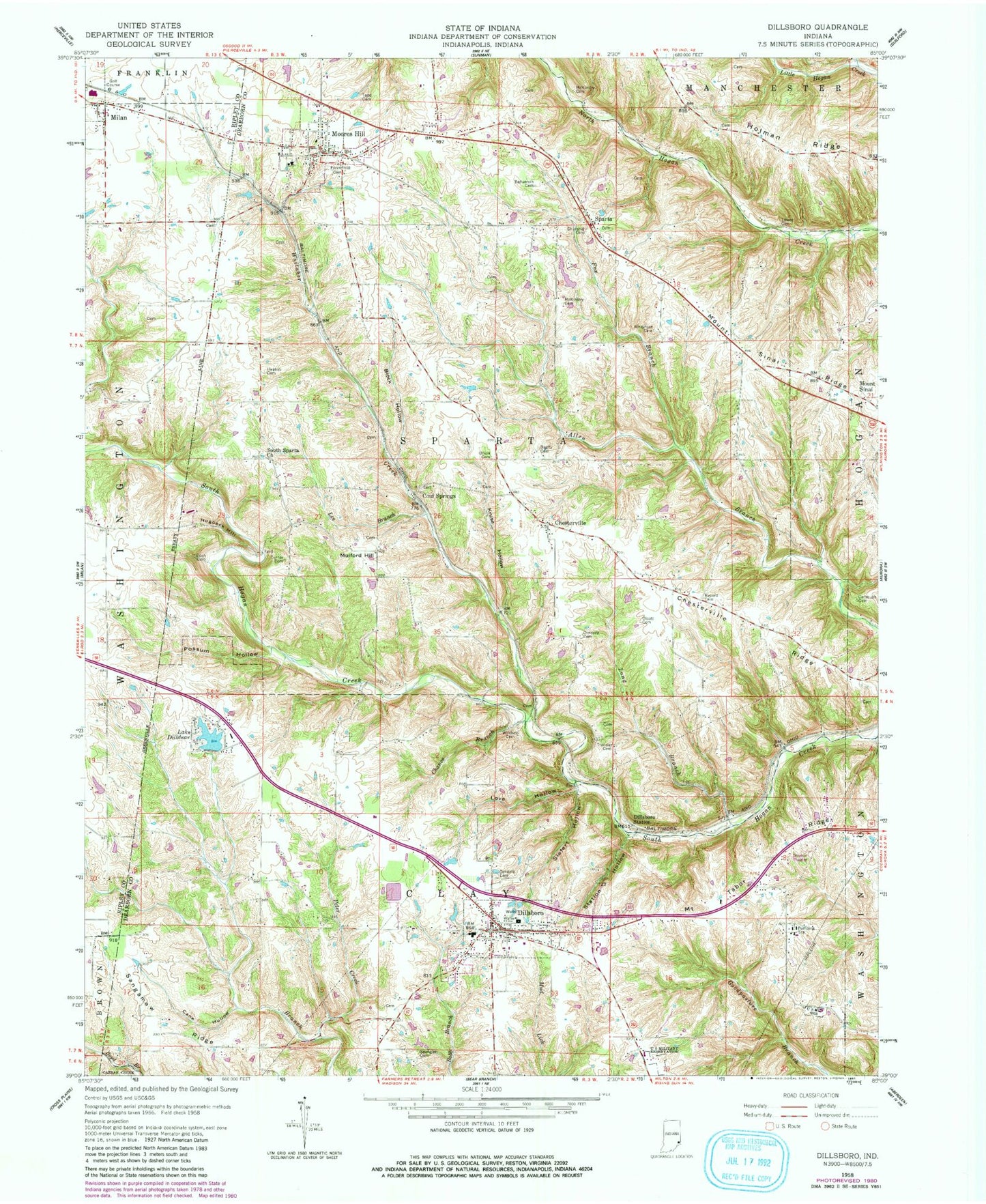 Classic USGS Dillsboro Indiana 7.5'x7.5' Topo Map Image