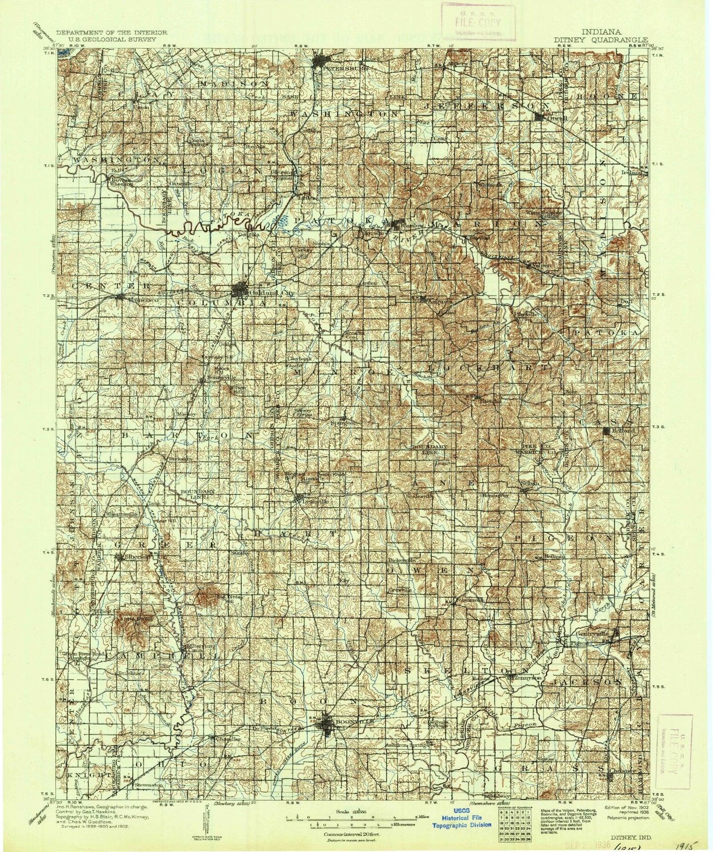 Historic 1902 Ditney Indiana 30'x30' Topo Map Image