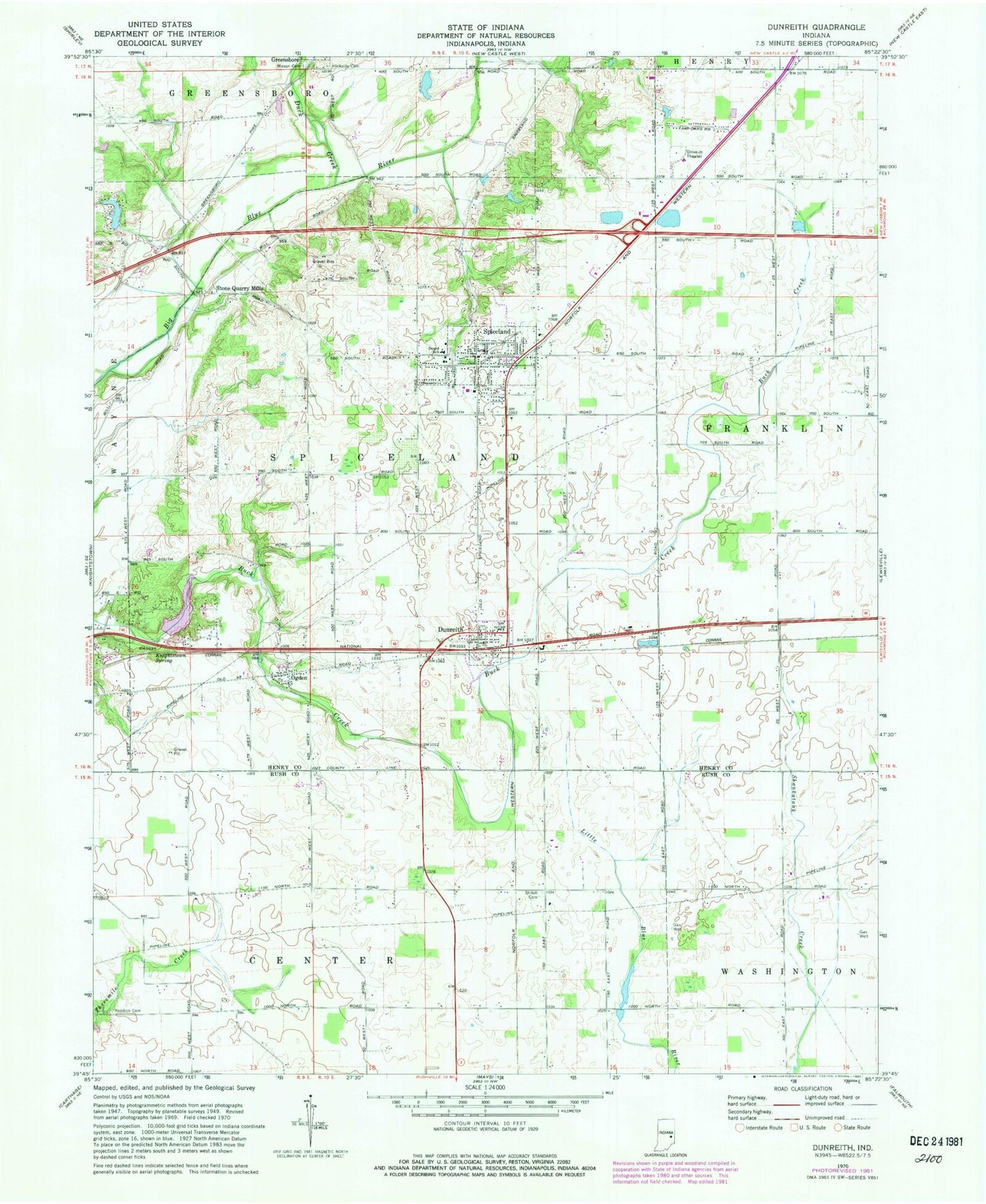 Classic USGS Dunreith Indiana 7.5'x7.5' Topo Map Image