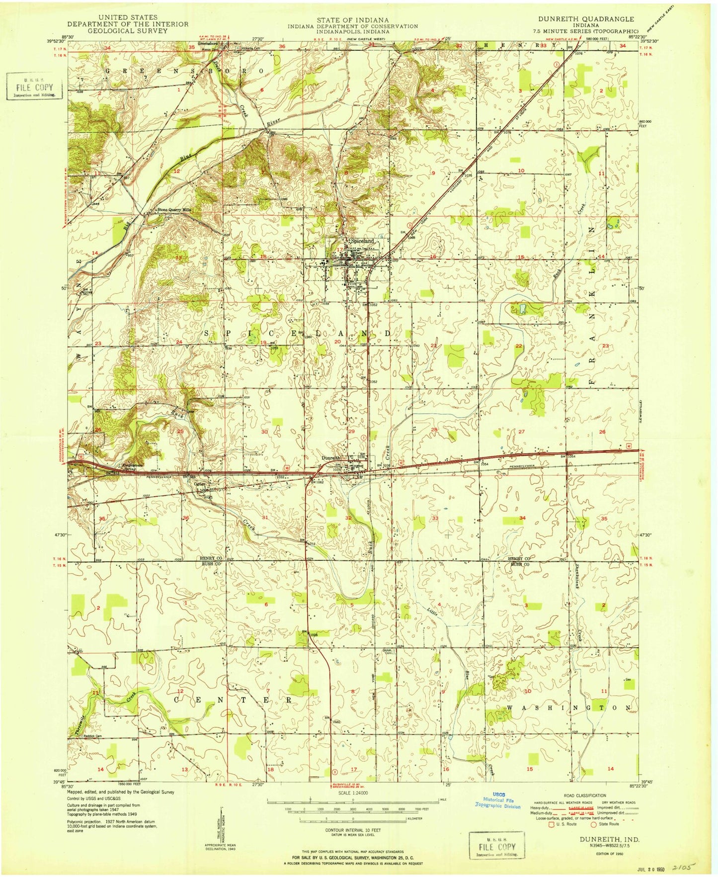 Classic USGS Dunreith Indiana 7.5'x7.5' Topo Map Image
