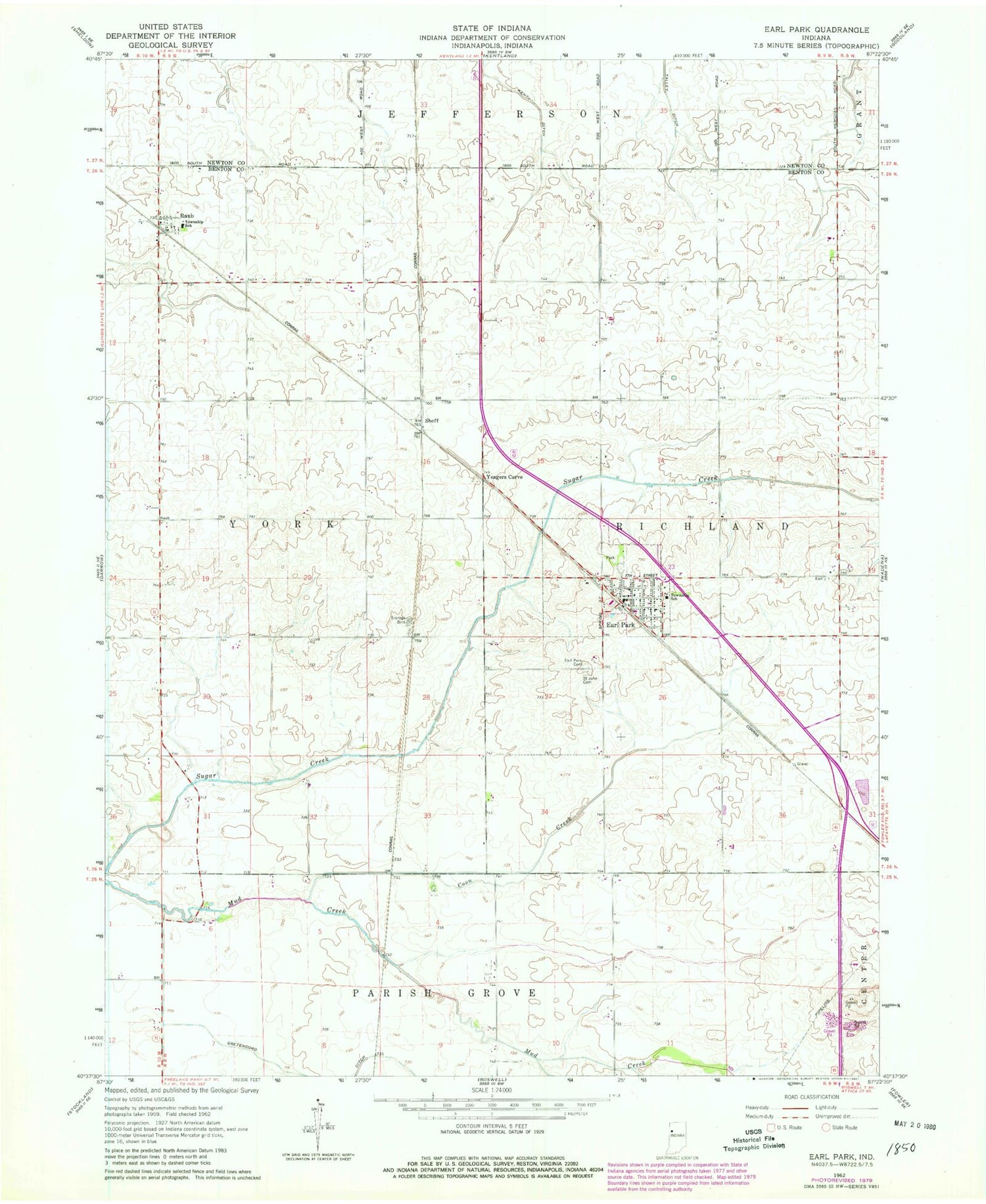 Classic USGS Earl Park Indiana 7.5'x7.5' Topo Map Image