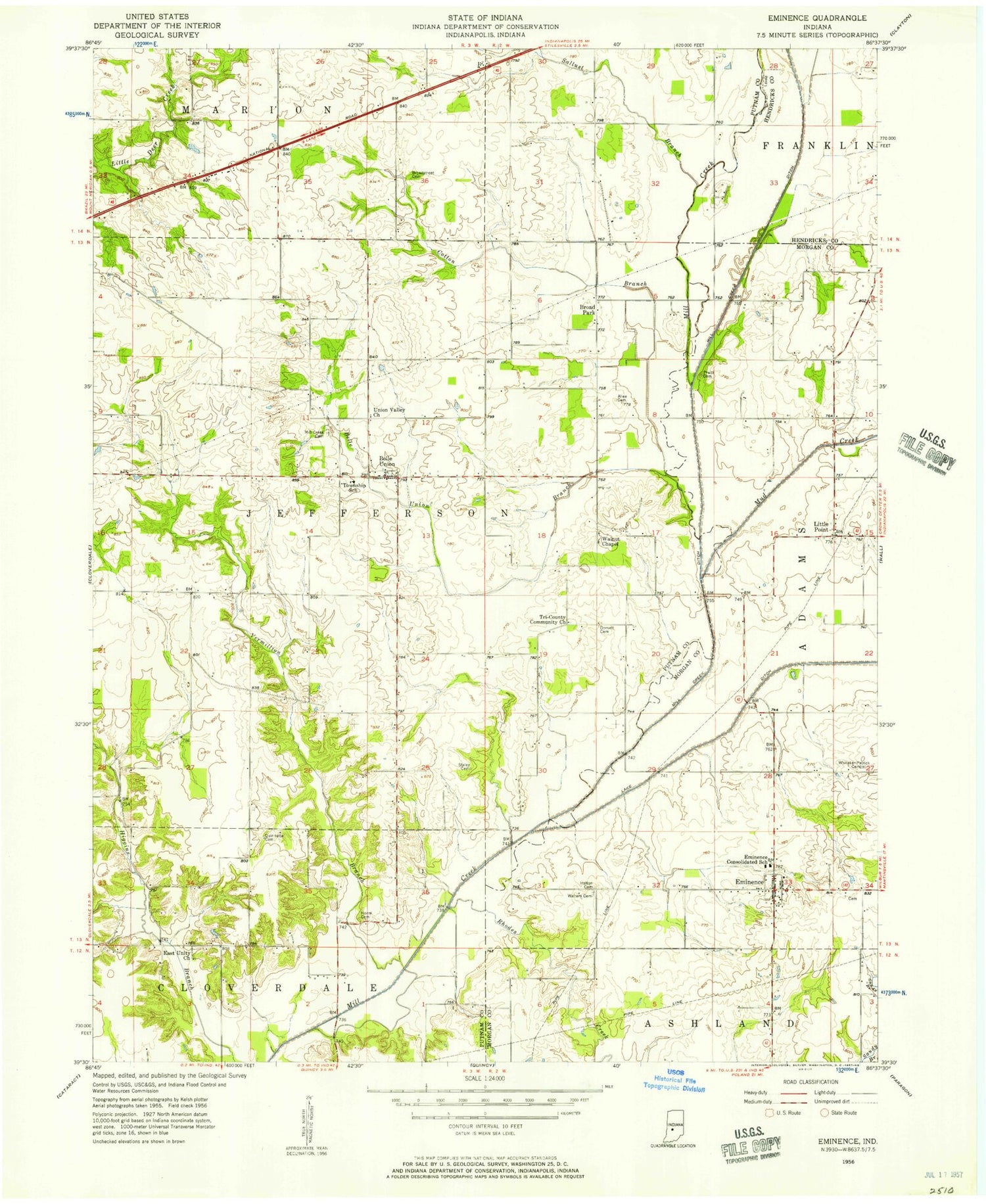 Classic USGS Eminence Indiana 7.5'x7.5' Topo Map Image