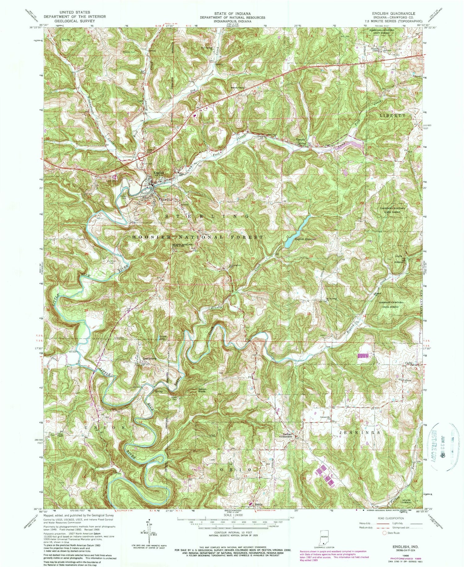 Classic USGS English Indiana 7.5'x7.5' Topo Map Image
