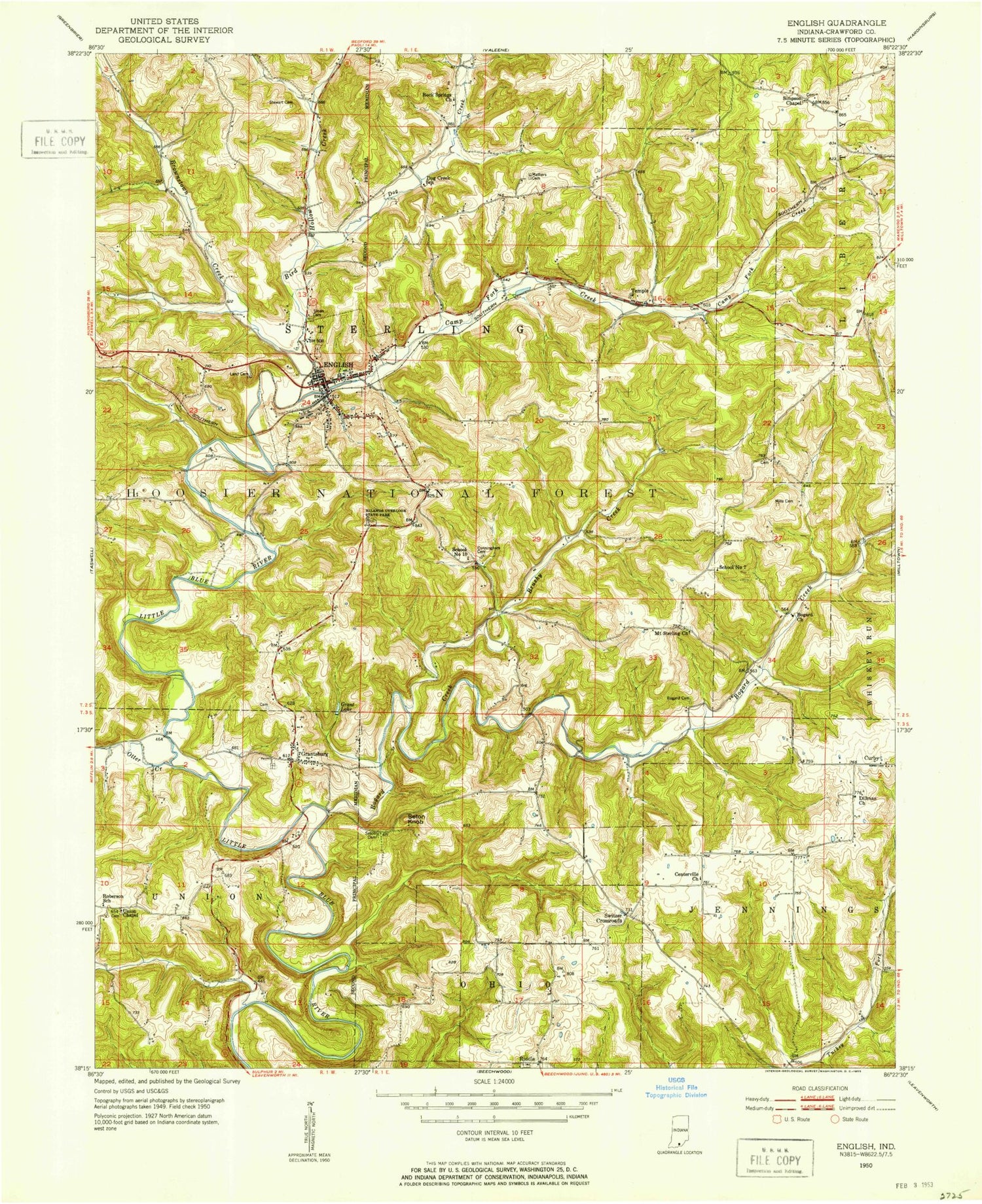 Classic USGS English Indiana 7.5'x7.5' Topo Map Image