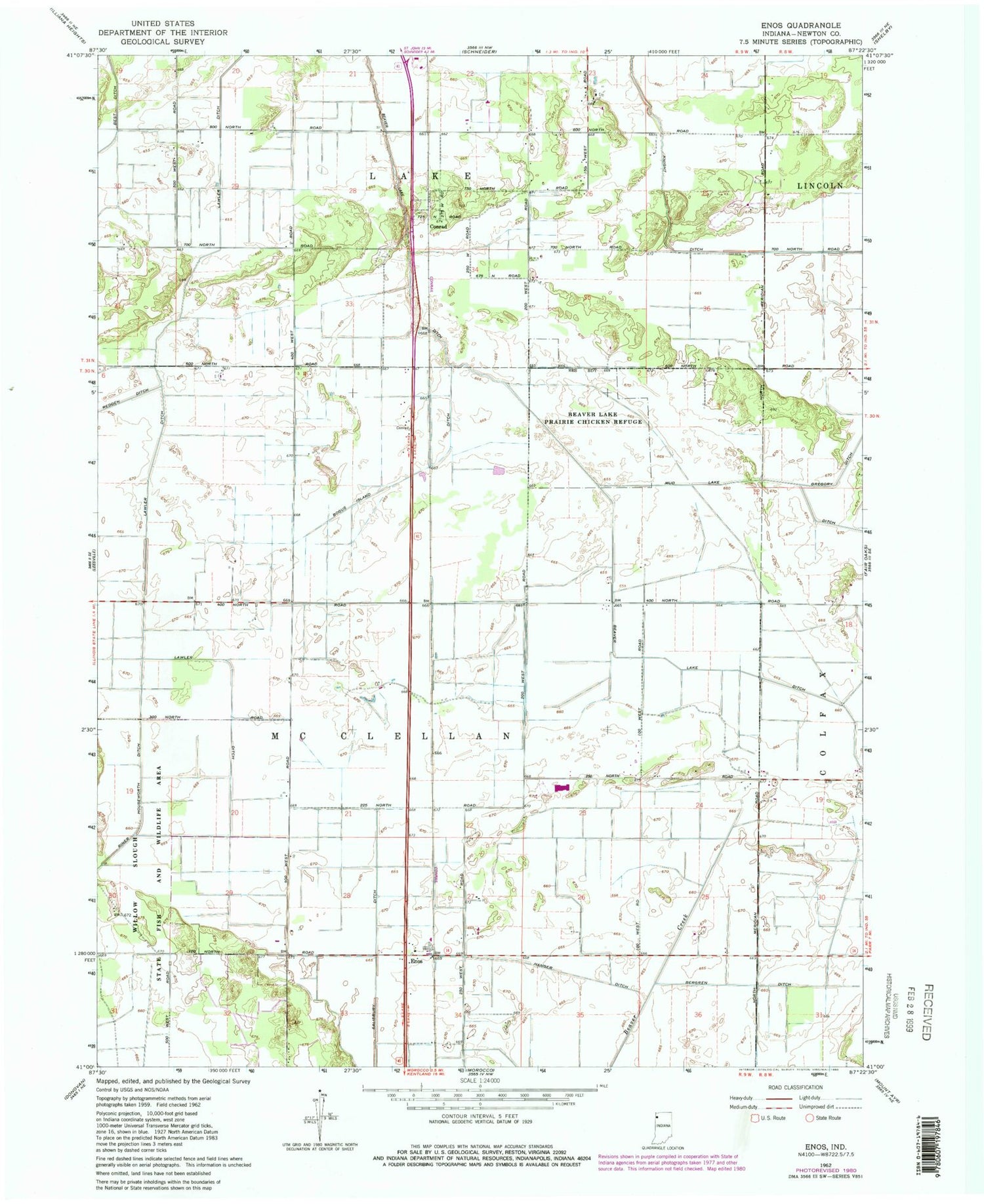 Classic USGS Enos Indiana 7.5'x7.5' Topo Map Image
