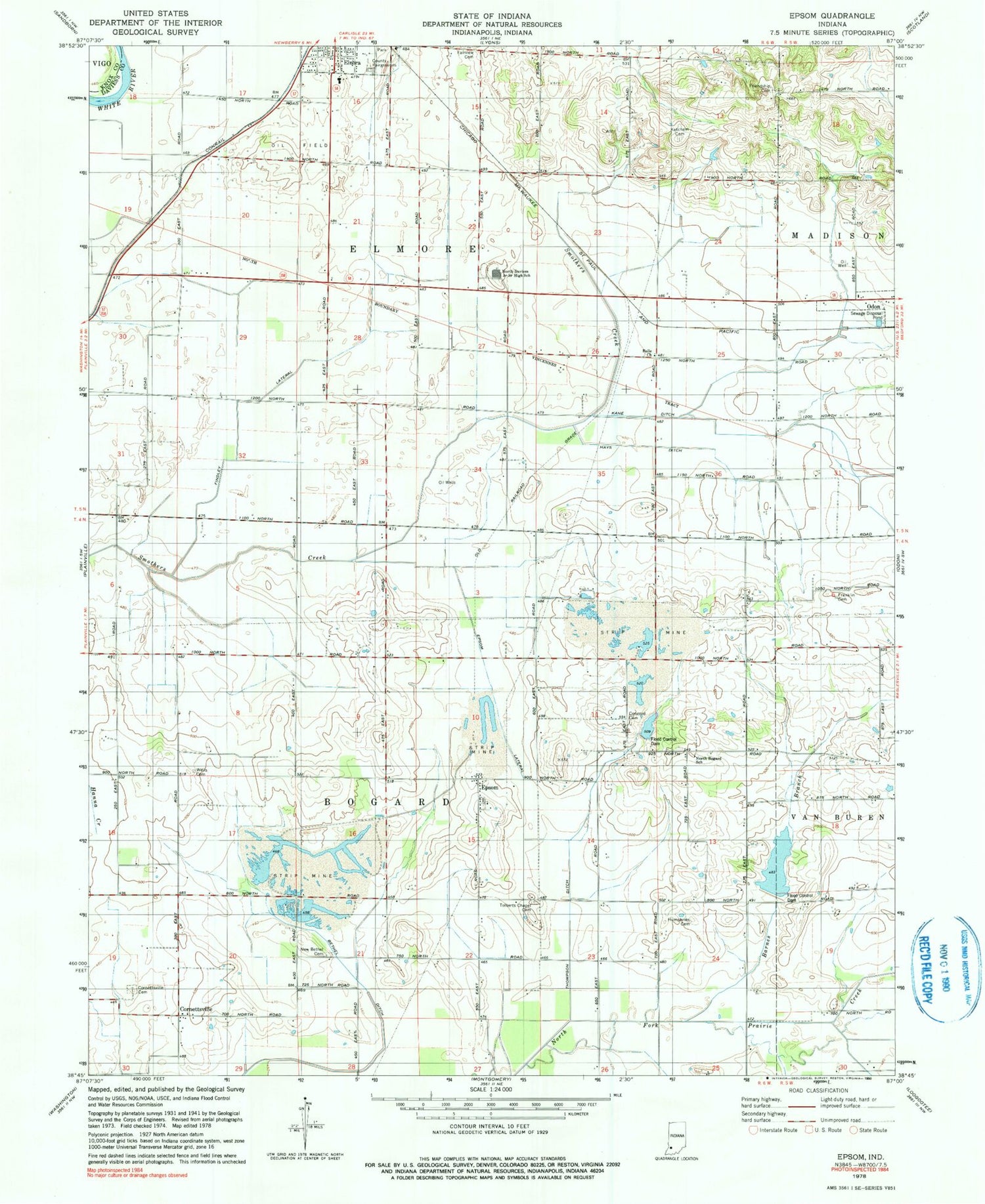 Classic USGS Epsom Indiana 7.5'x7.5' Topo Map Image