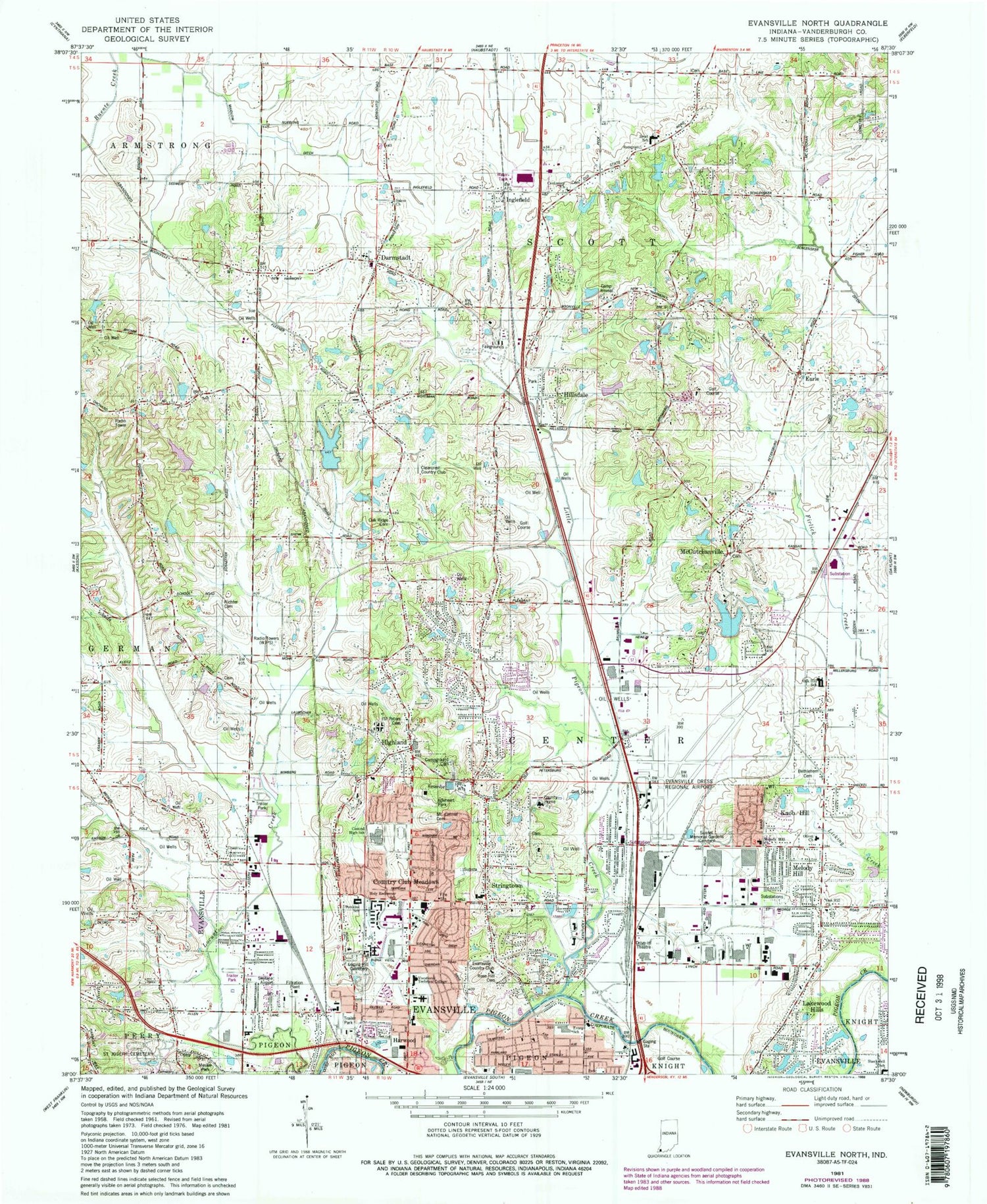 Classic USGS Evansville North Indiana 7.5'x7.5' Topo Map Image