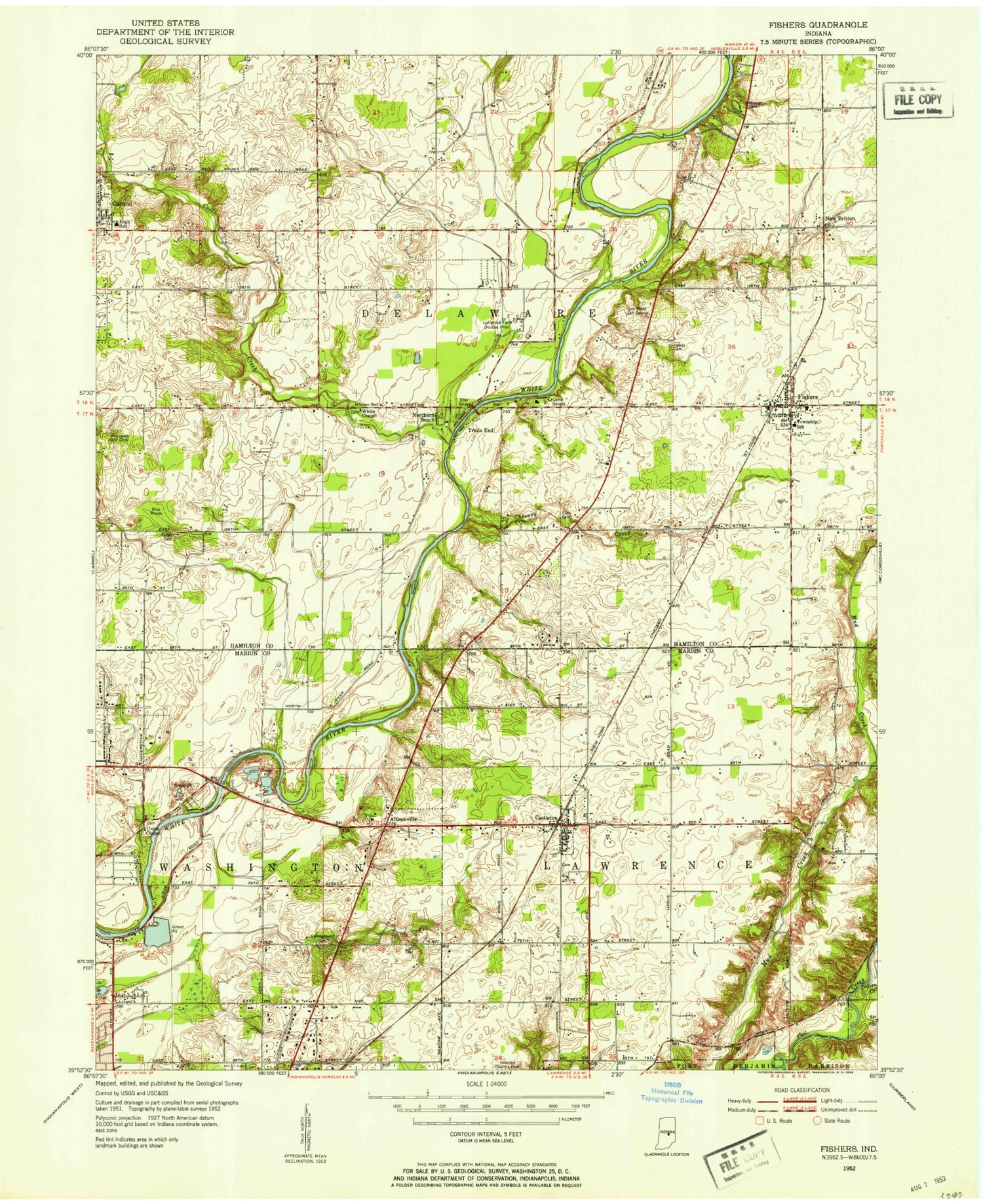 Classic USGS Fishers Indiana 7.5'x7.5' Topo Map Image