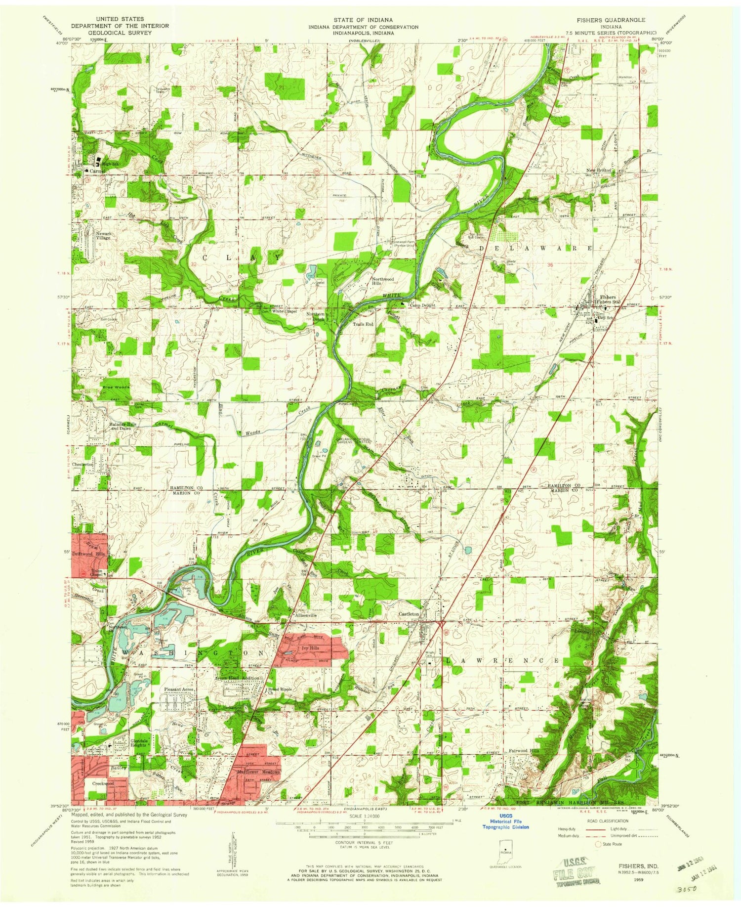 Classic USGS Fishers Indiana 7.5'x7.5' Topo Map Image