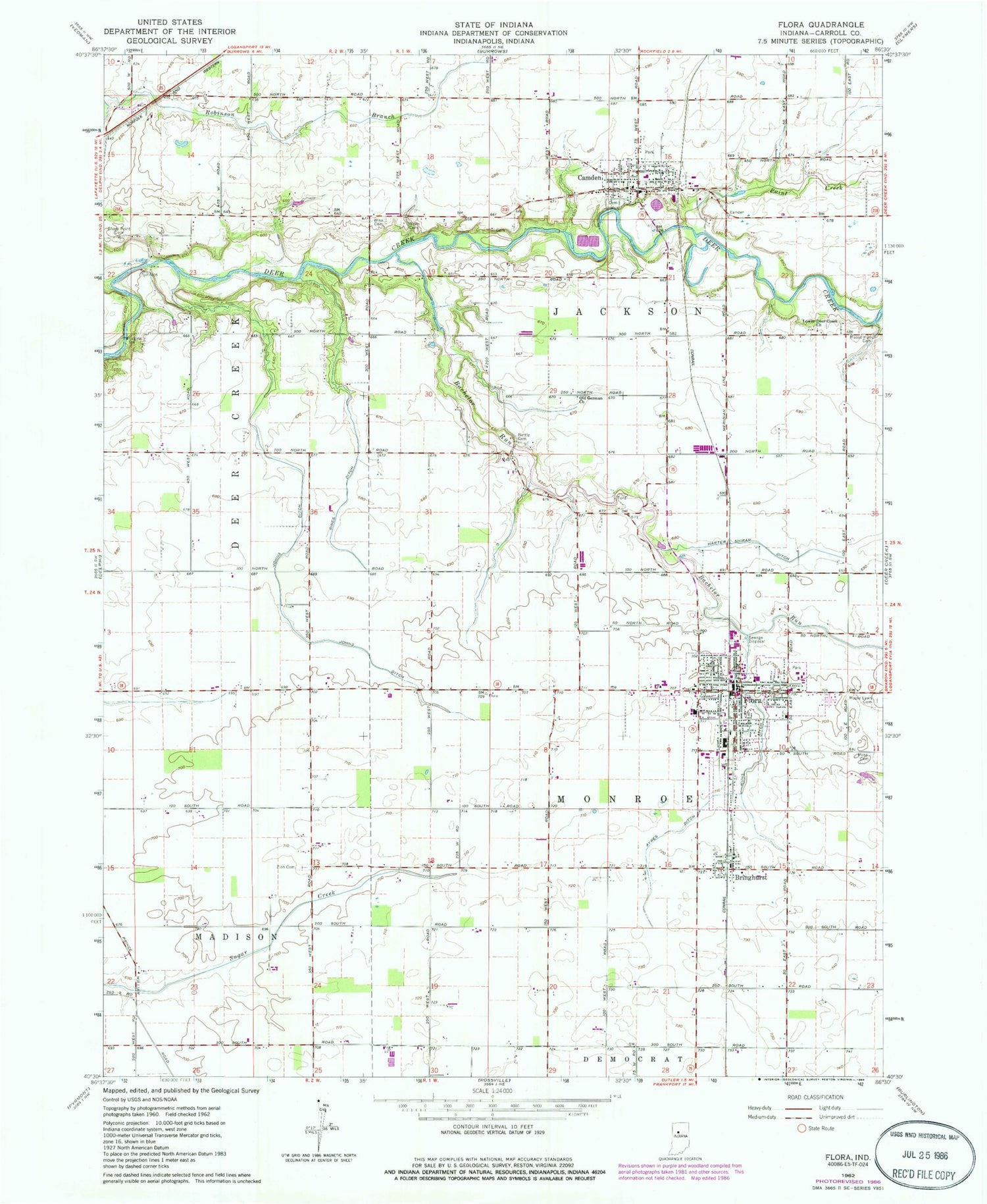 Classic USGS Flora Indiana 7.5'x7.5' Topo Map Image