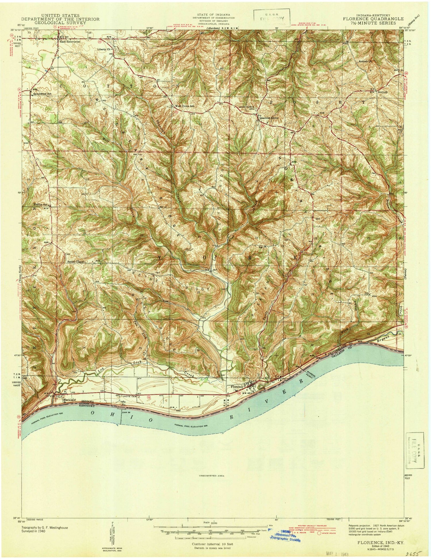 Classic USGS Florence Indiana 7.5'x7.5' Topo Map Image
