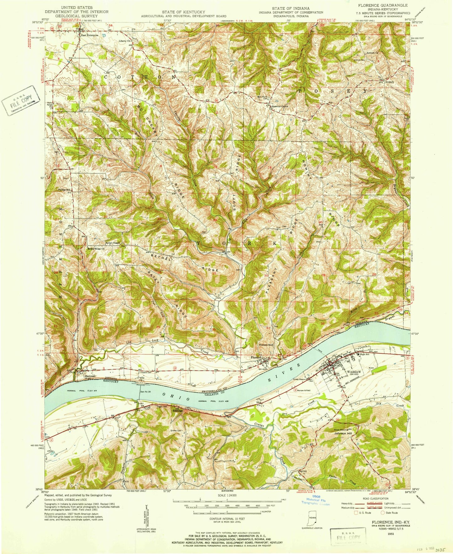 Classic USGS Florence Indiana 7.5'x7.5' Topo Map Image