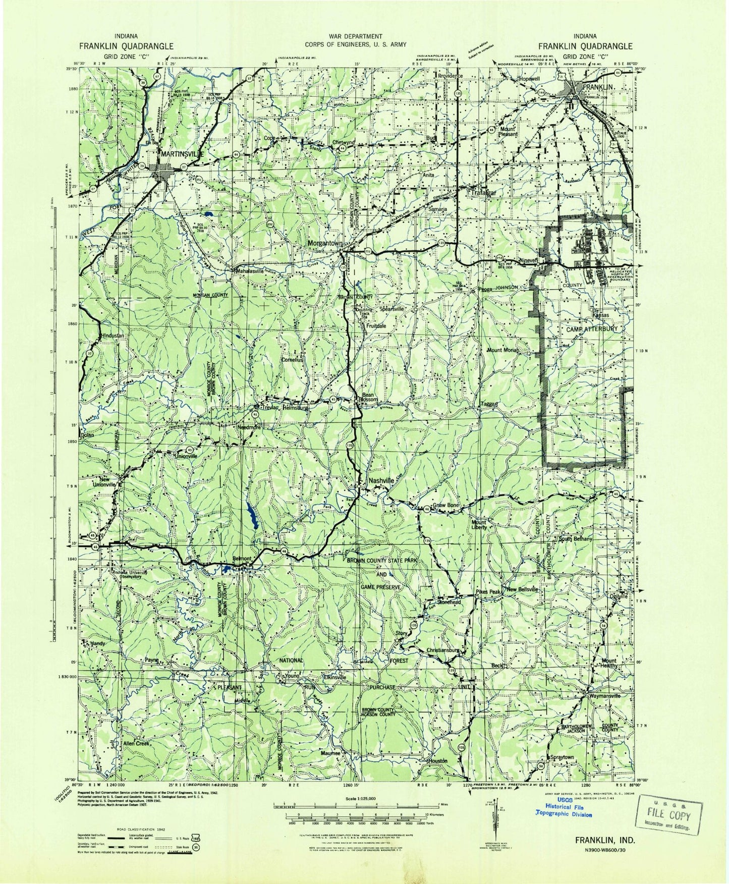 Historic 1942 Franklin Indiana 30'x30' Topo Map Image
