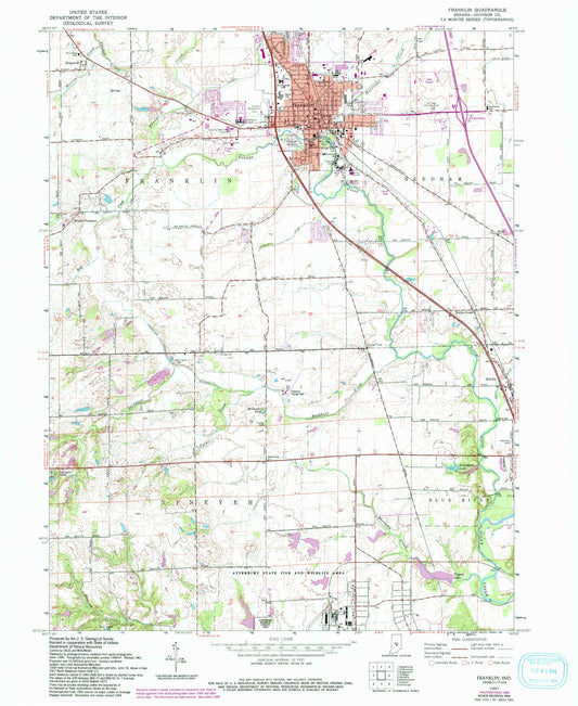 Classic USGS Franklin Indiana 7.5'x7.5' Topo Map Image