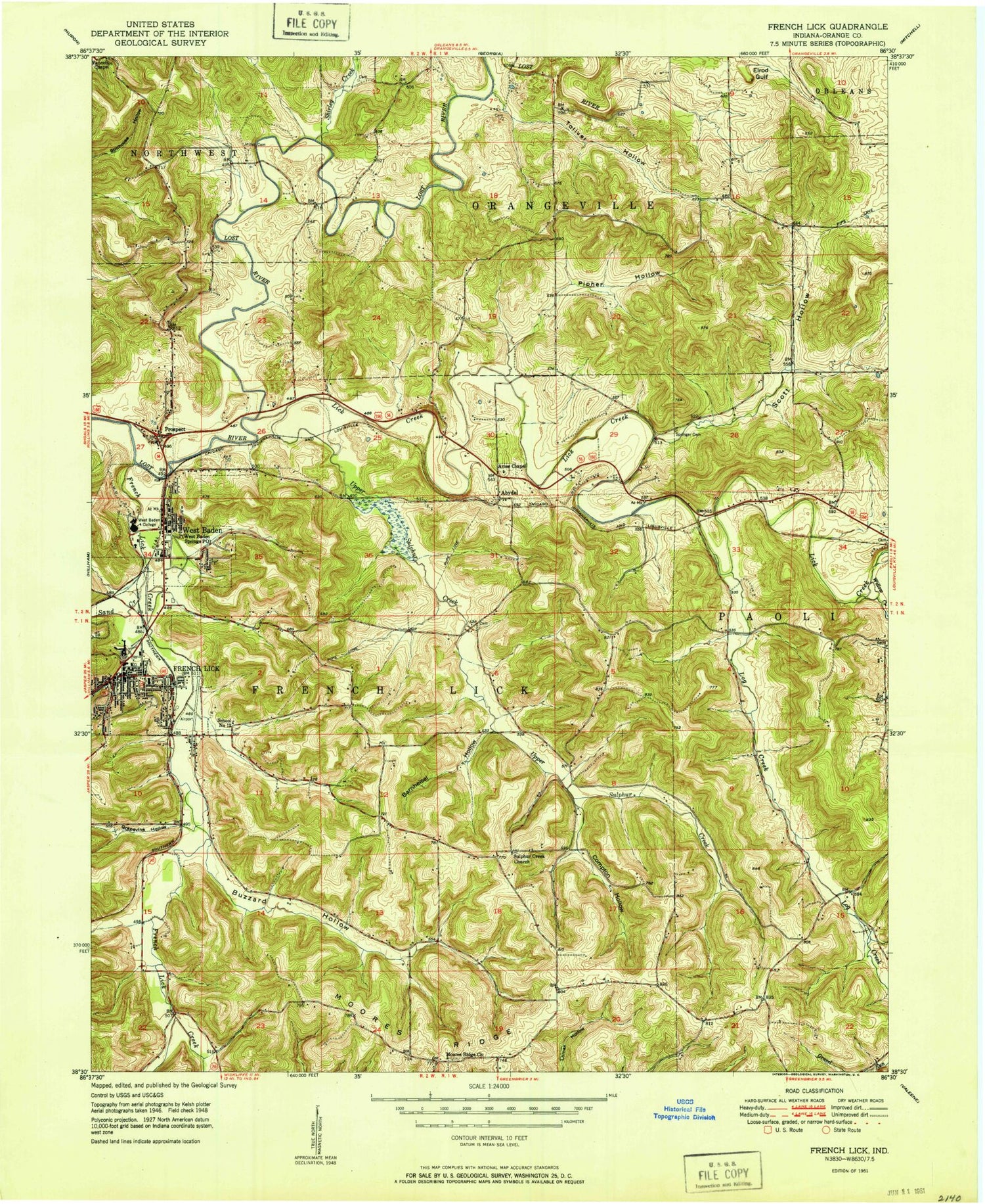 Classic USGS French Lick Indiana 7.5'x7.5' Topo Map Image