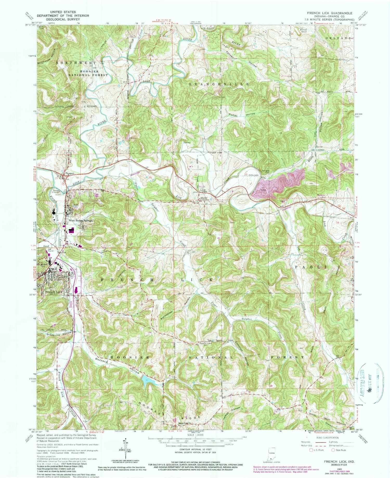 Classic USGS French Lick Indiana 7.5'x7.5' Topo Map Image