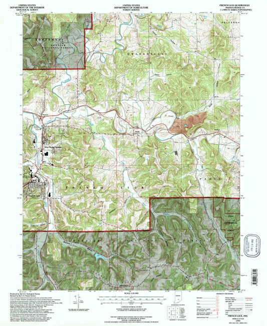 Classic USGS French Lick Indiana 7.5'x7.5' Topo Map Image