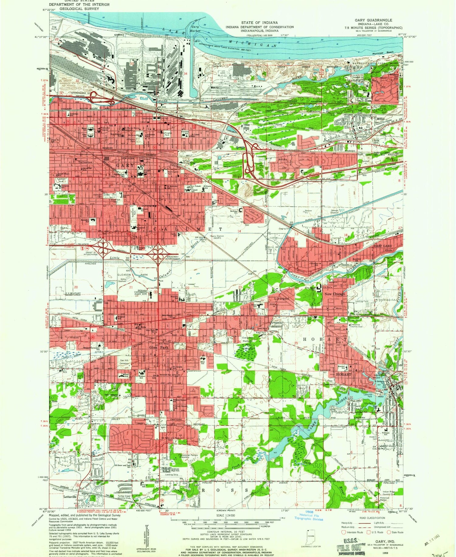 Classic USGS Gary Indiana 7.5'x7.5' Topo Map Image