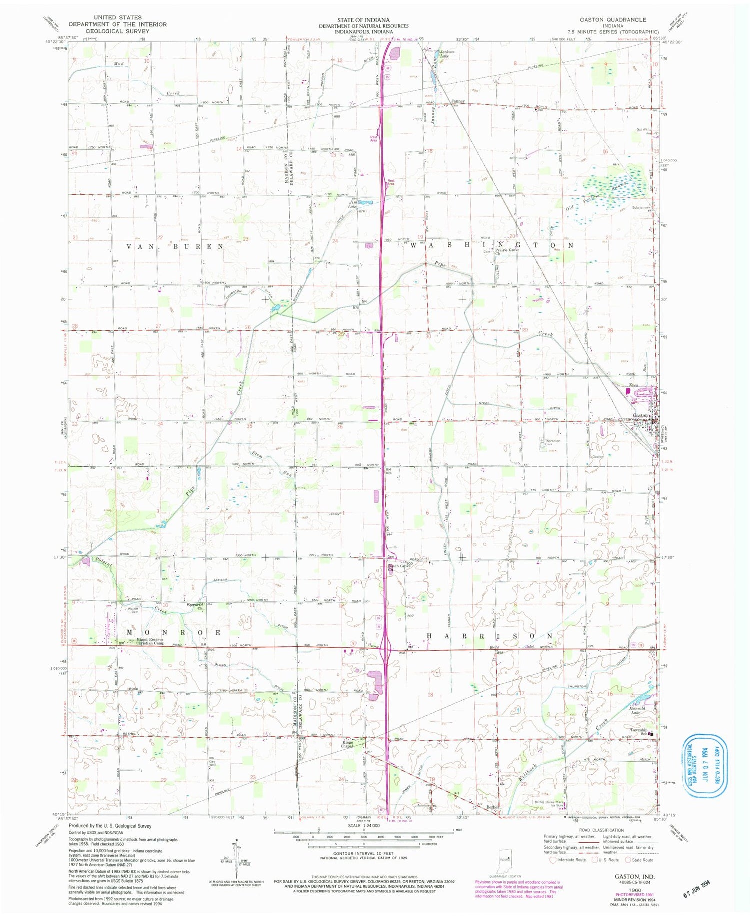 Classic USGS Gaston Indiana 7.5'x7.5' Topo Map Image