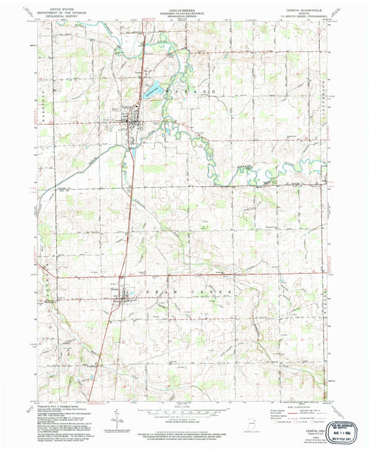 Classic USGS Geneva Indiana 7.5'x7.5' Topo Map Image