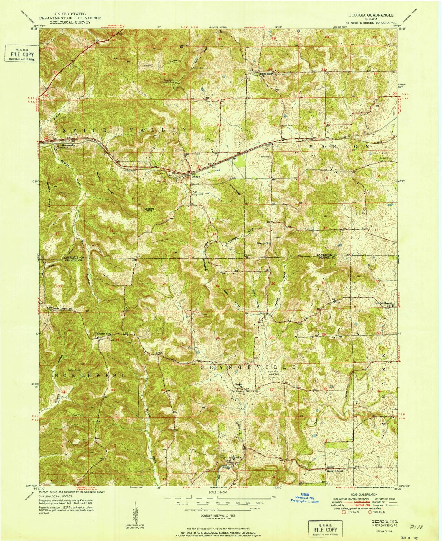 Classic USGS Georgia Indiana 7.5'x7.5' Topo Map Image