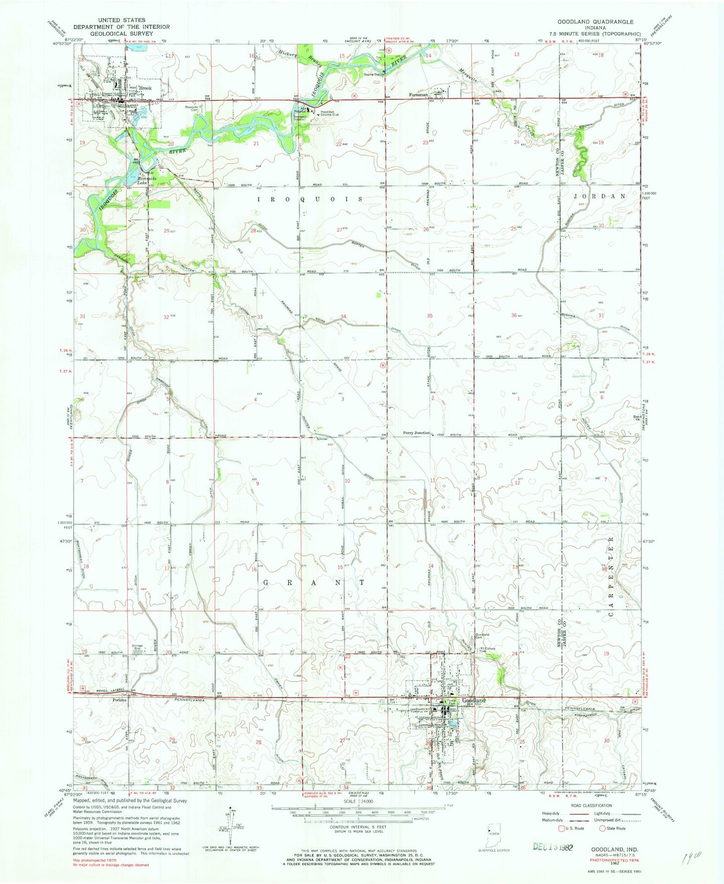 Classic USGS Goodland Indiana 7.5'x7.5' Topo Map Image