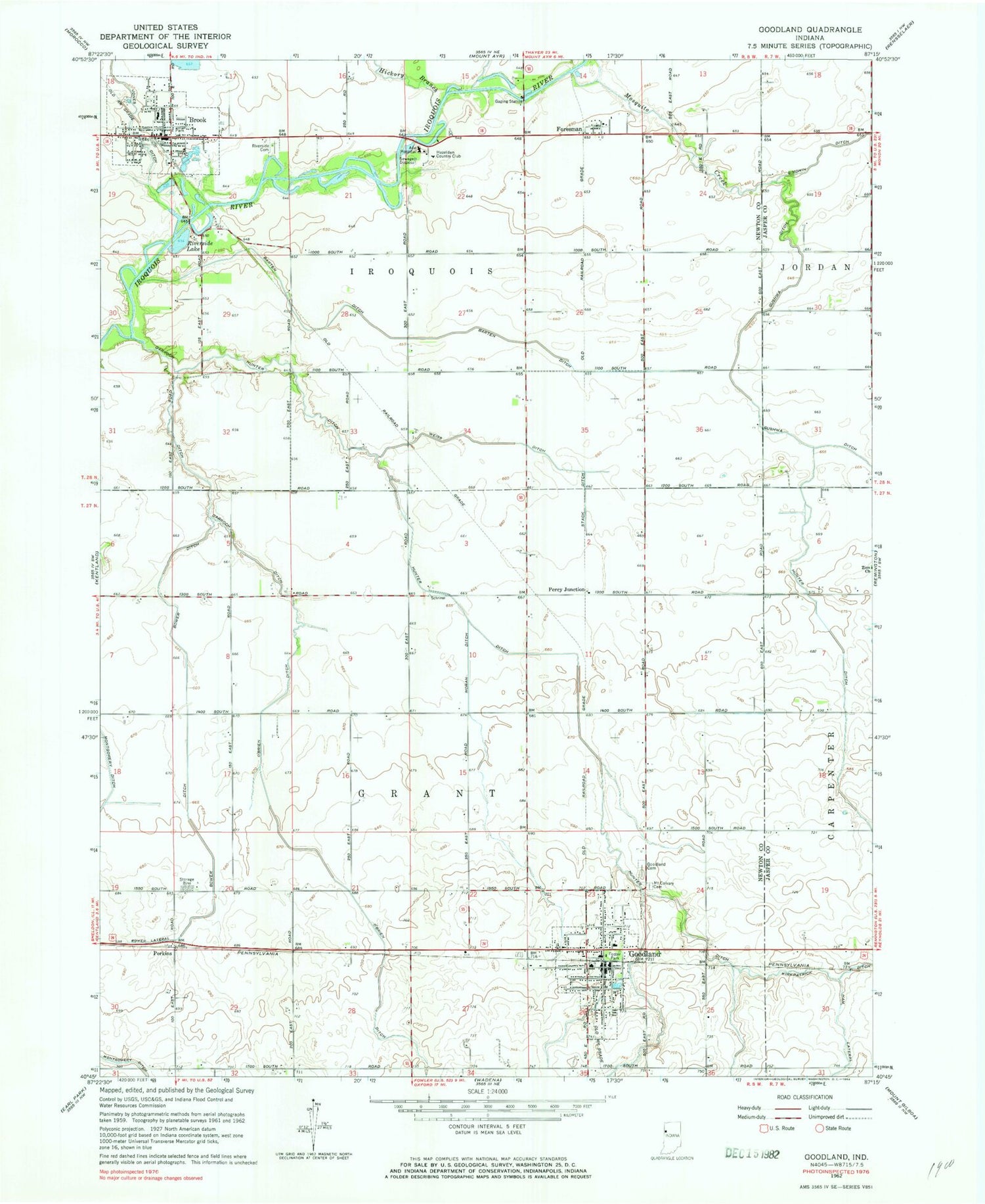 Classic USGS Goodland Indiana 7.5'x7.5' Topo Map Image