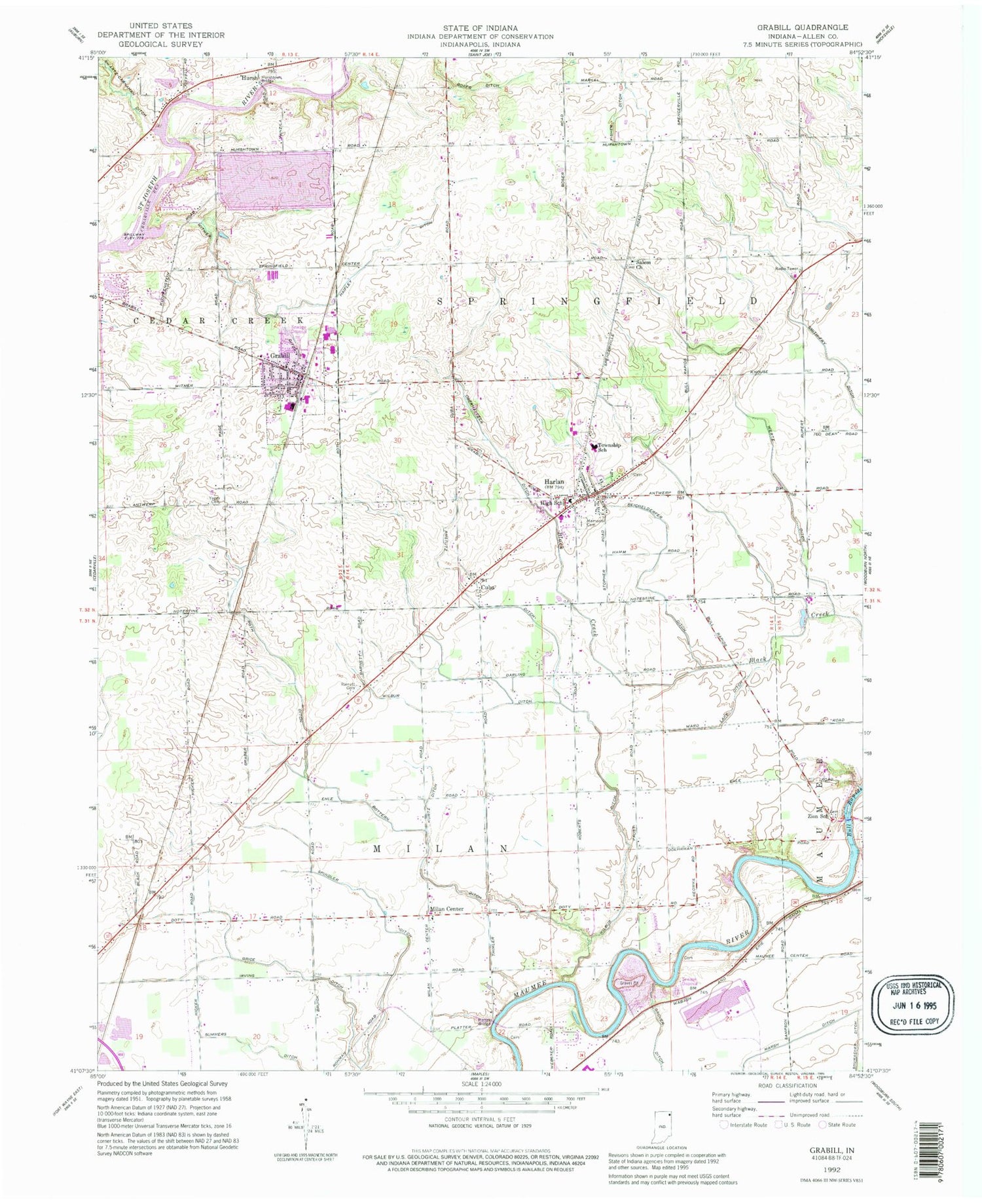 Classic USGS Grabill Indiana 7.5'x7.5' Topo Map Image