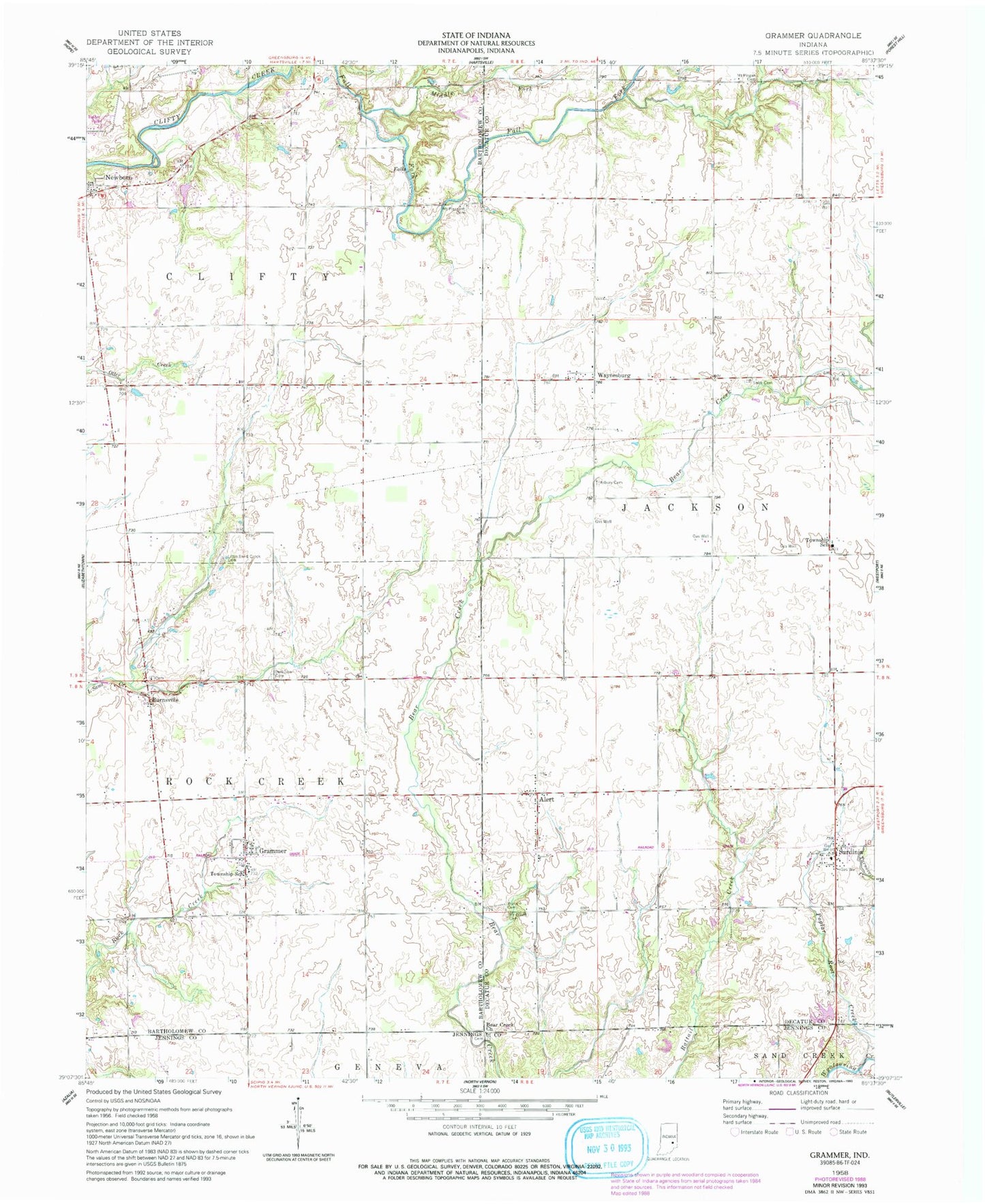 Classic USGS Grammer Indiana 7.5'x7.5' Topo Map Image