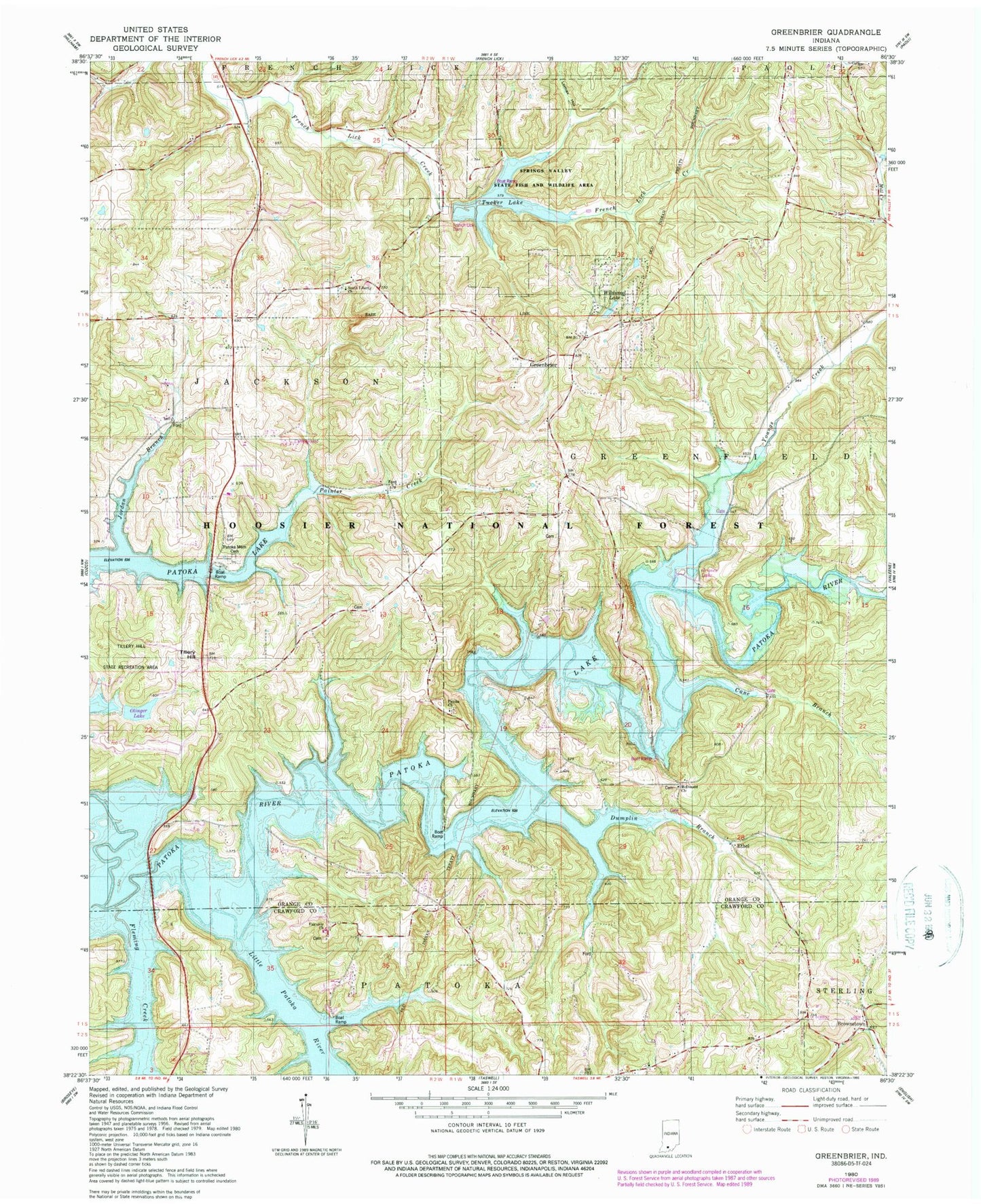 Classic USGS Greenbrier Indiana 7.5'x7.5' Topo Map Image