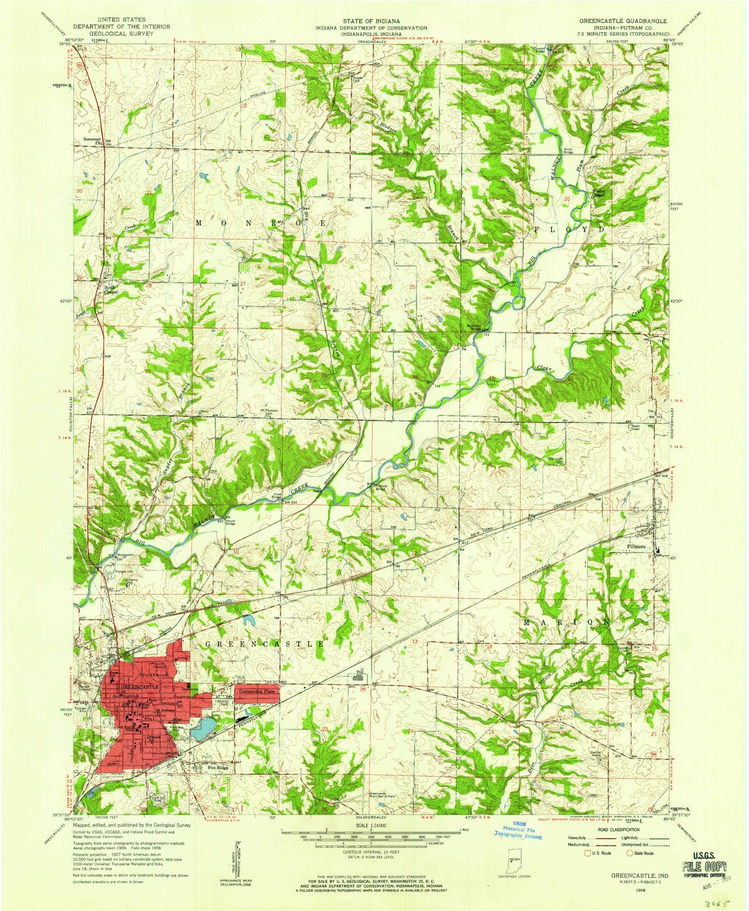 Classic USGS Greencastle Indiana 7.5'x7.5' Topo Map Image