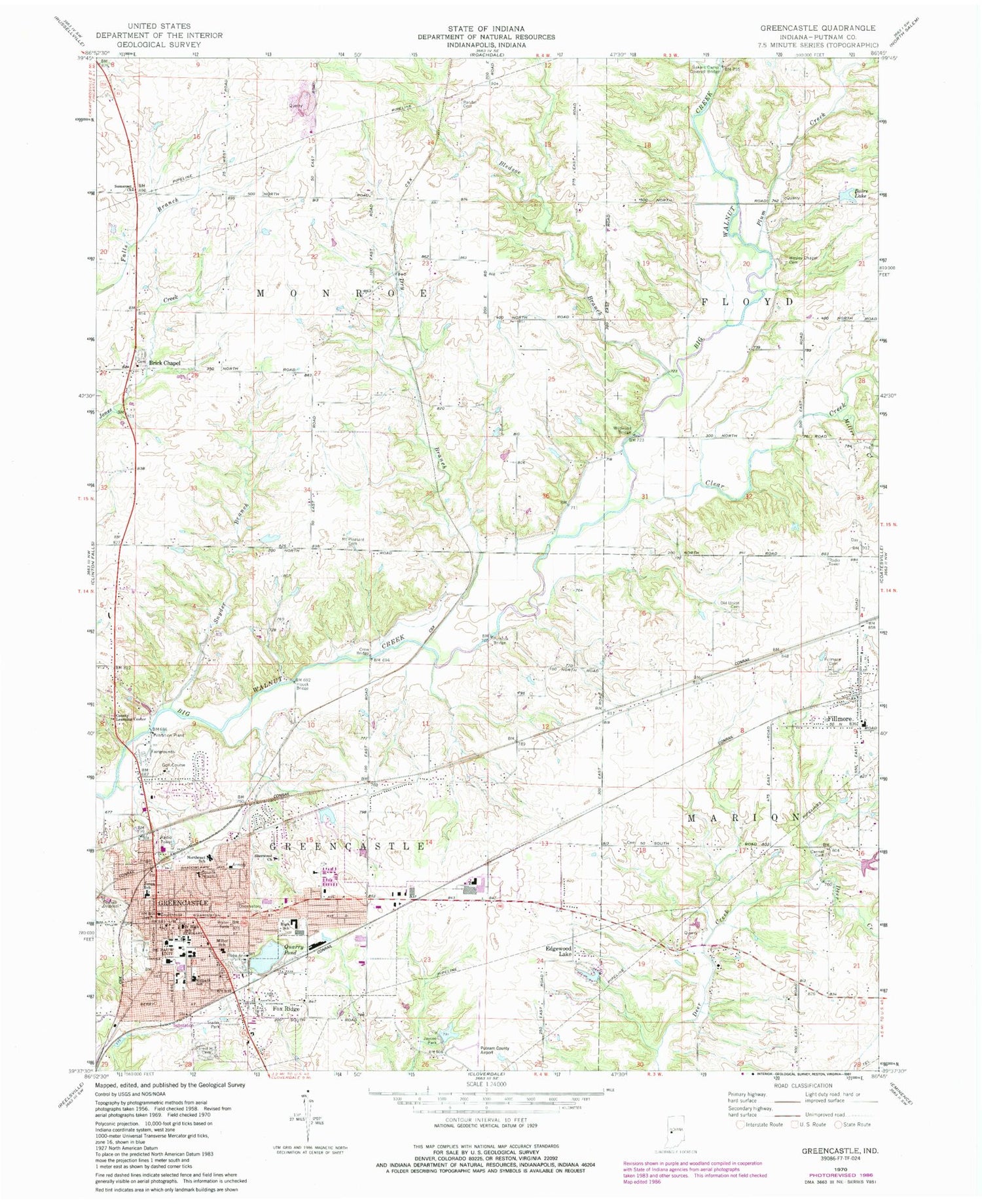 Classic USGS Greencastle Indiana 7.5'x7.5' Topo Map Image